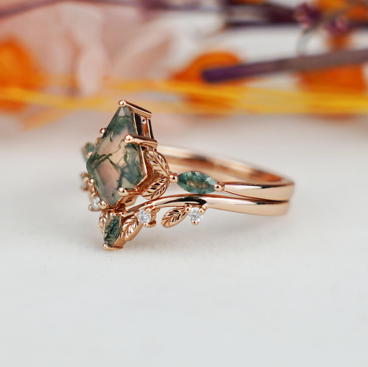 Kite Cut Moss Agate Engagement Ring Set Unique Leaf Type Design for women anniversary rings
