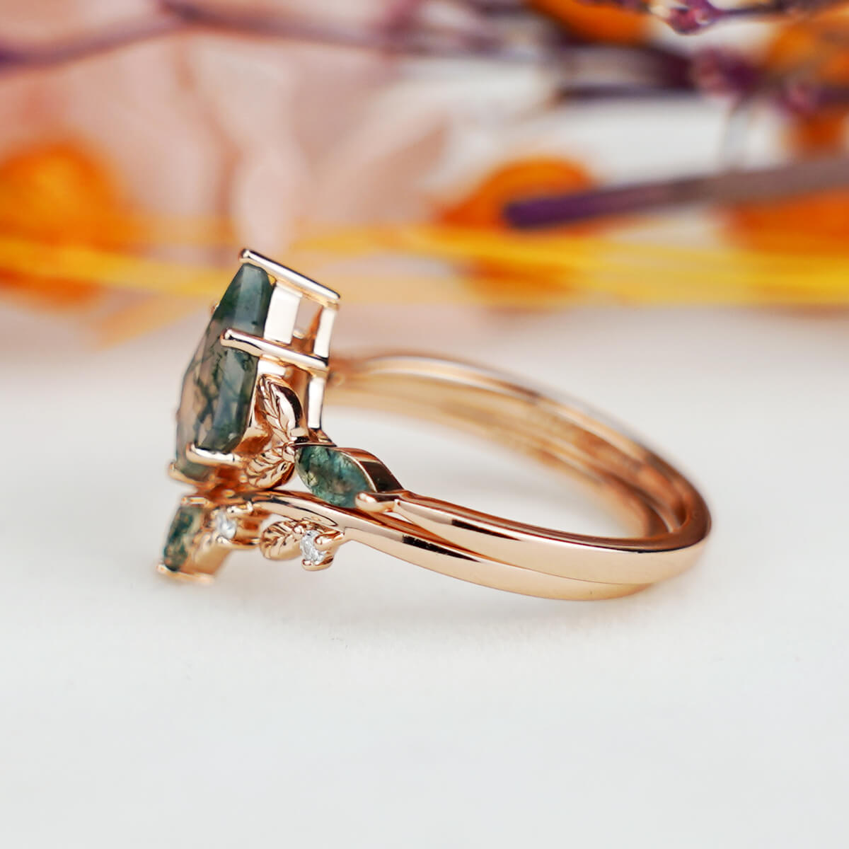 Kite Cut Moss Agate Engagement Ring Set Unique Leaf Type Design,marriage rings,unique engagement rings for women