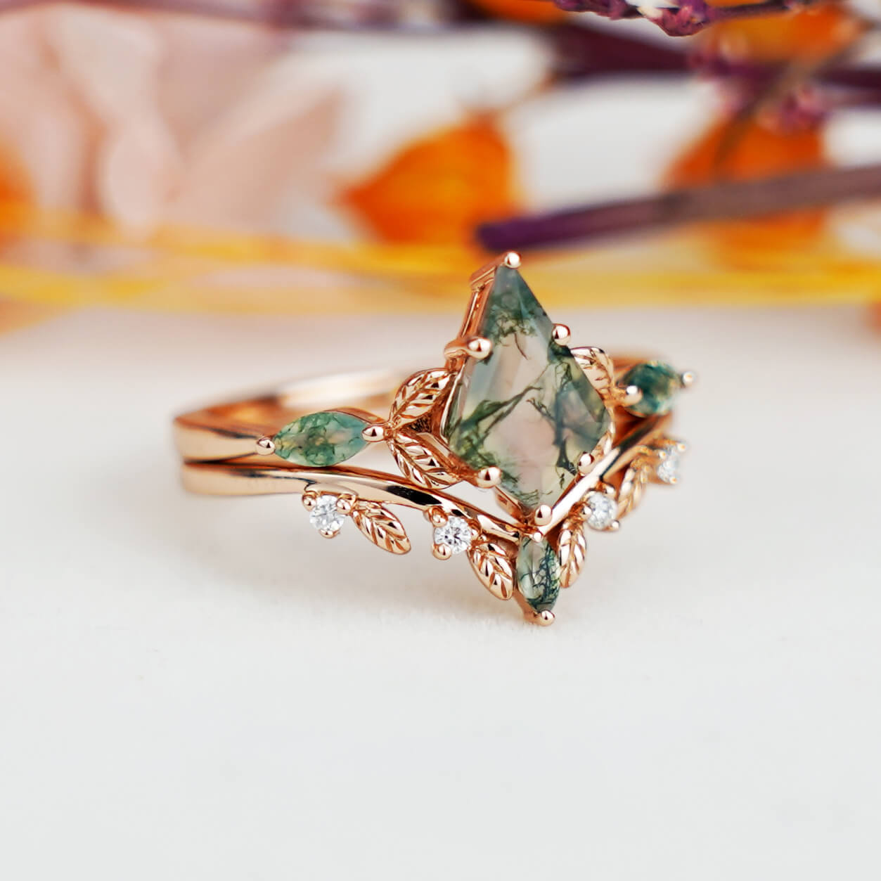 Kite Cut Moss Agate Engagement Ring Set Unique Leaf Type Design