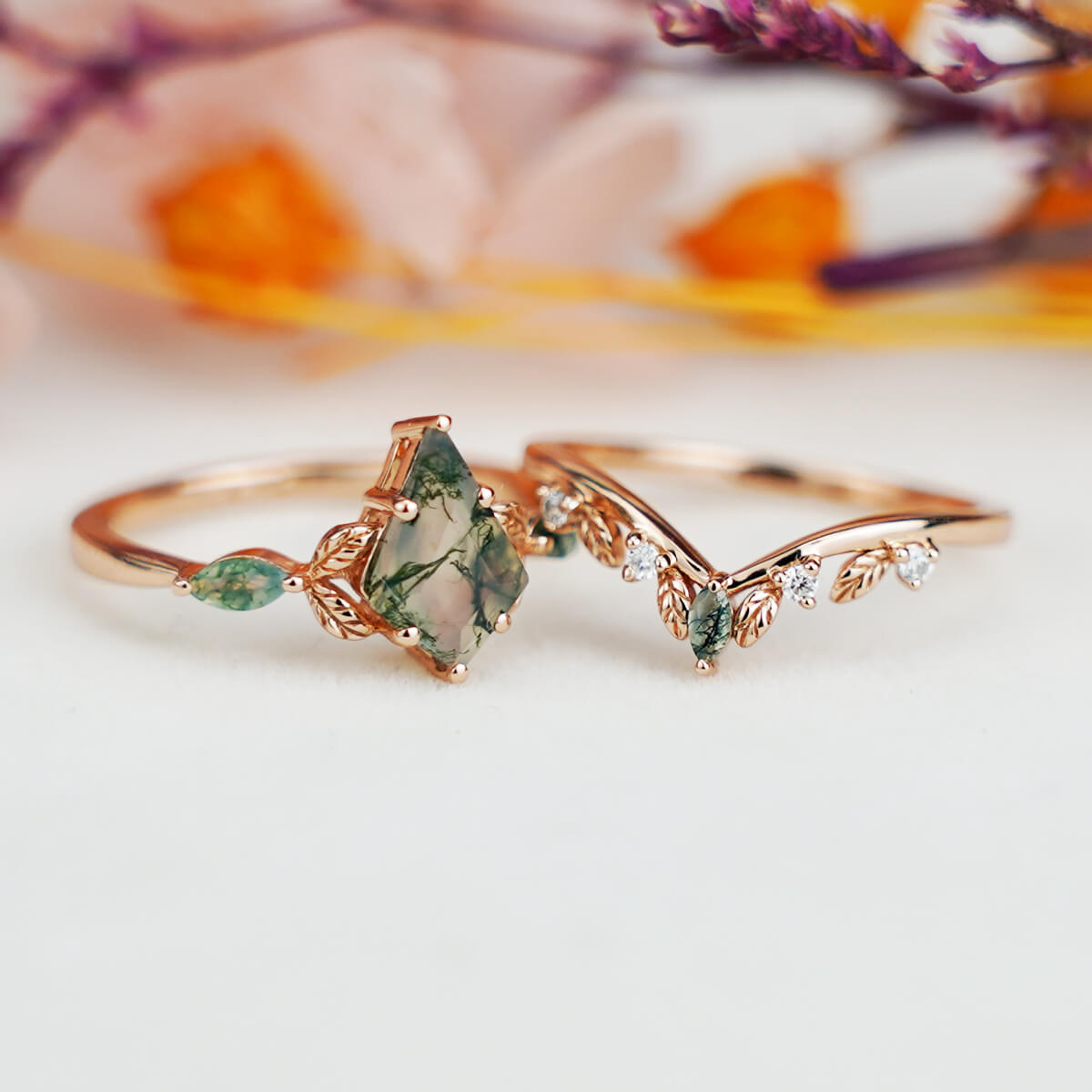 Kite Cut Moss Agate Engagement Ring Set Unique Leaf Type Design