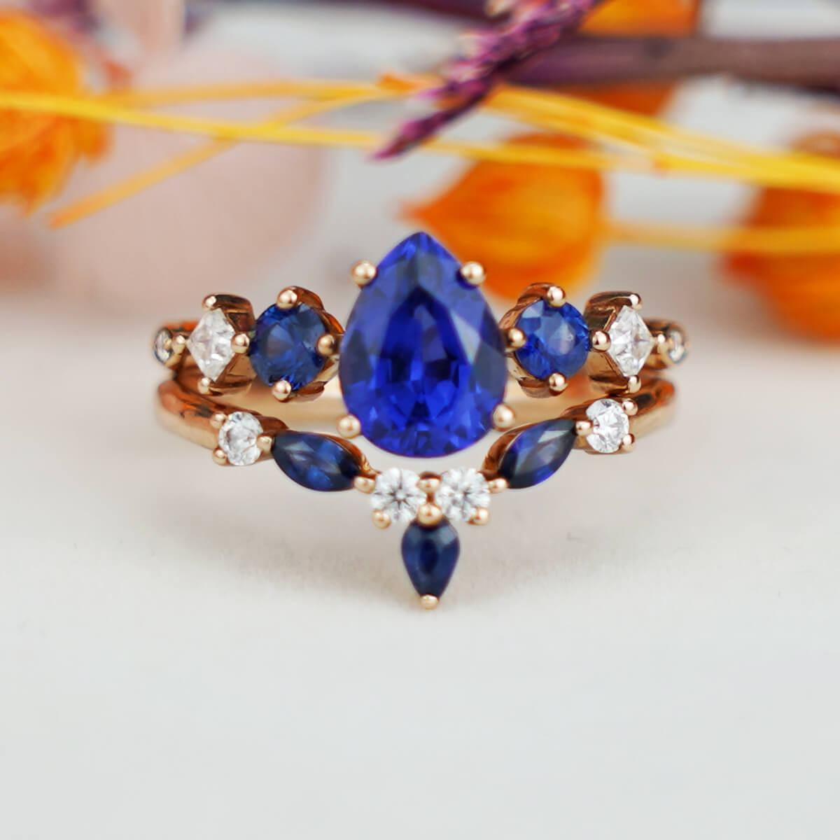 Pear Cut Lab Sapphire Ring Three-Stone Engagement Ring