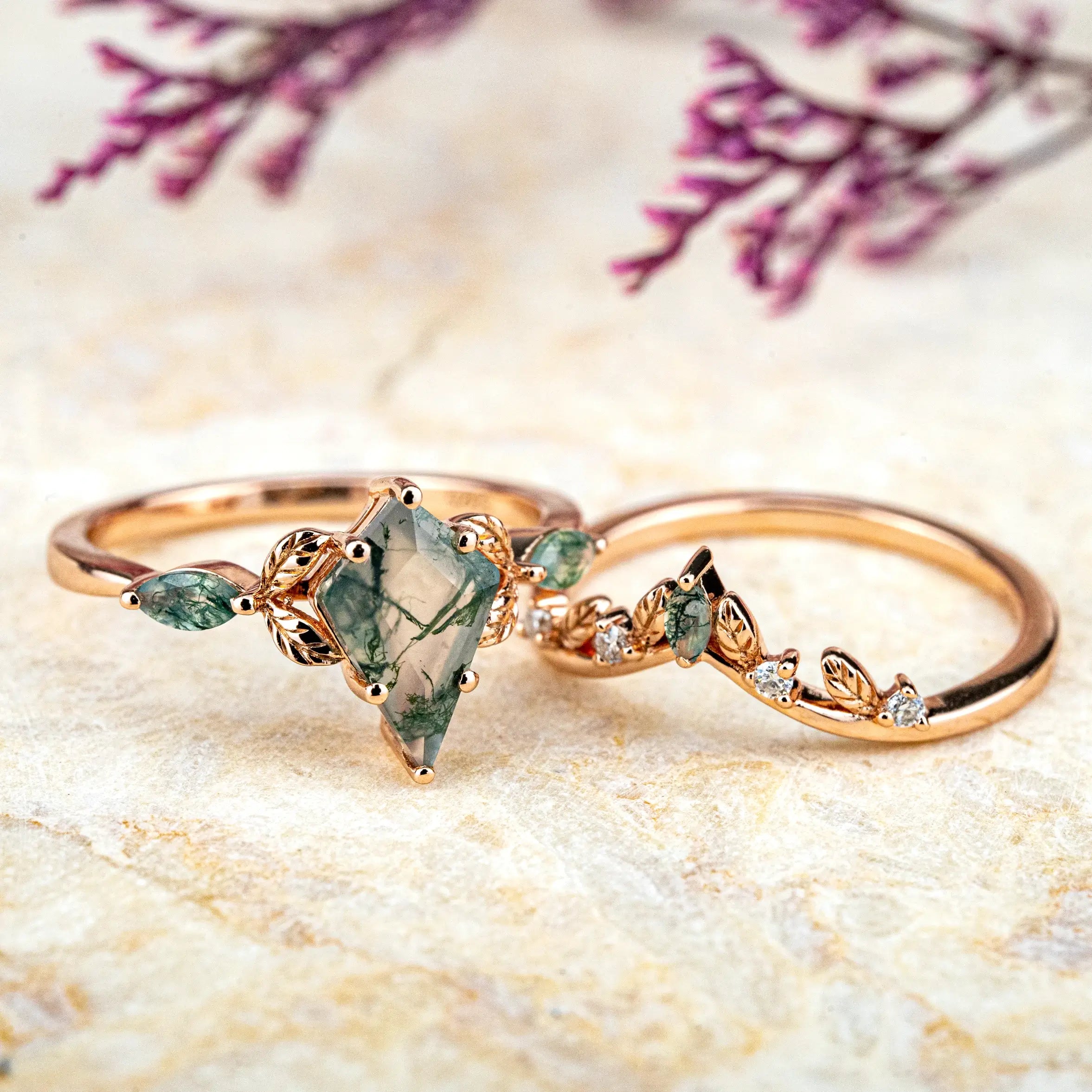 Kite Cut Moss Agate Engagement Ring Set Unique Leaf Type Design