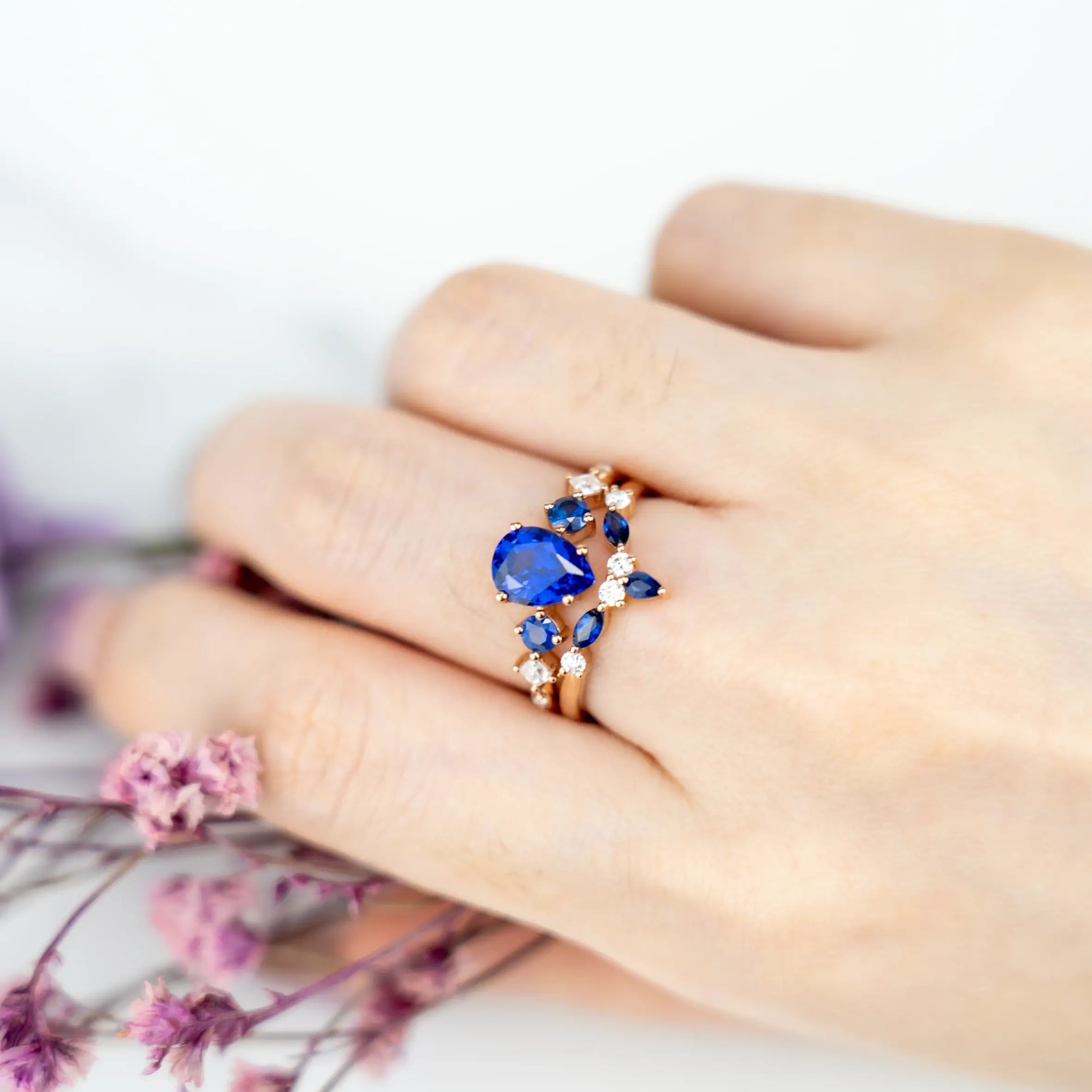 Pear Cut Lab Sapphire Ring Five-Stone Engagement Ring