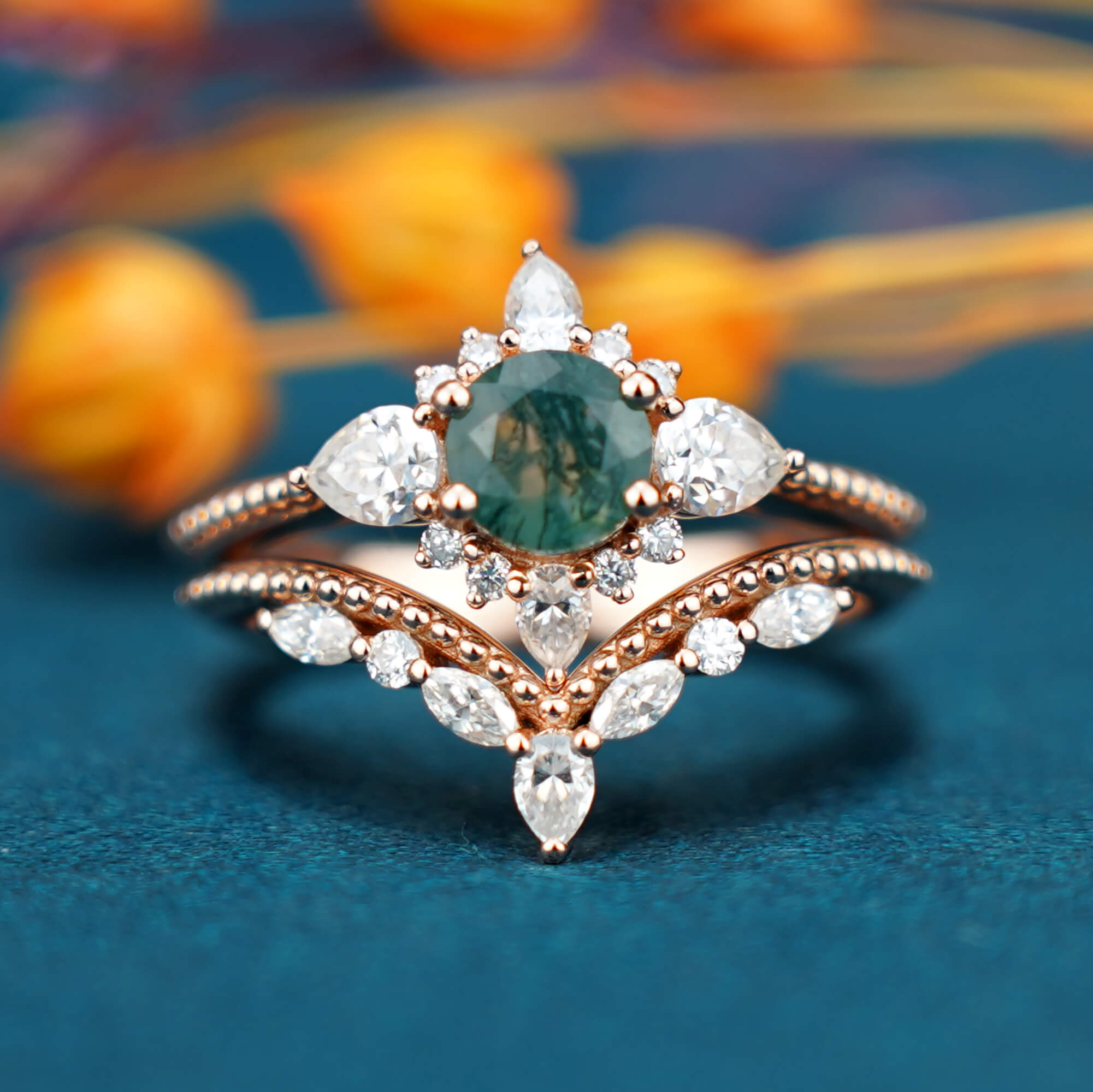 Solflora Agate Ring - Vintage Sunflower-Inspired, Round-Cut Moss Agate with Moissanite Halo, Unique Rose Gold Engagement Ring Set