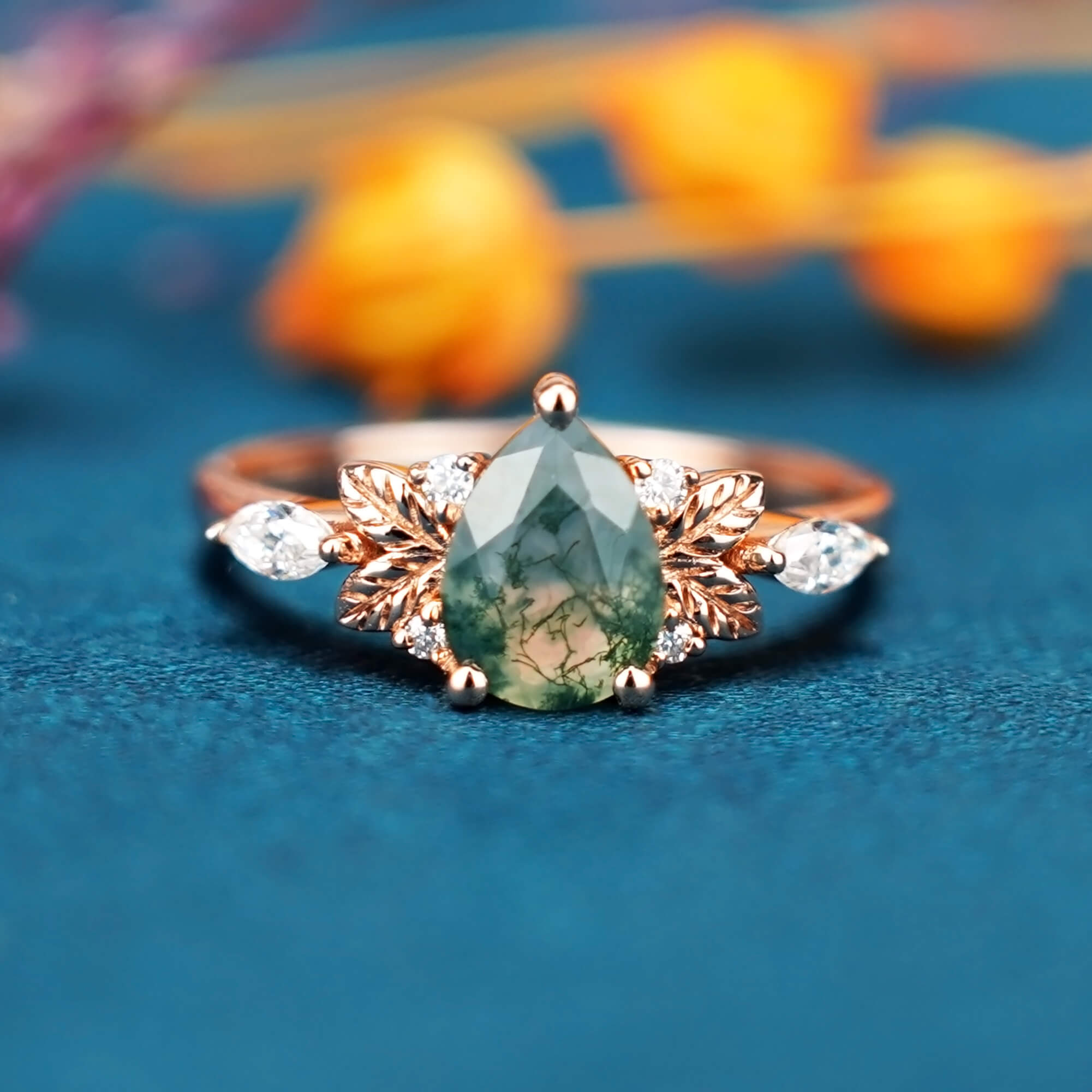 Vintage Pear Cut Moss Agate Engagement Ring Rose Gold Leaf Design Marquise Cluster Wedding Ring Unique Anniversary Promise Bridal Ring