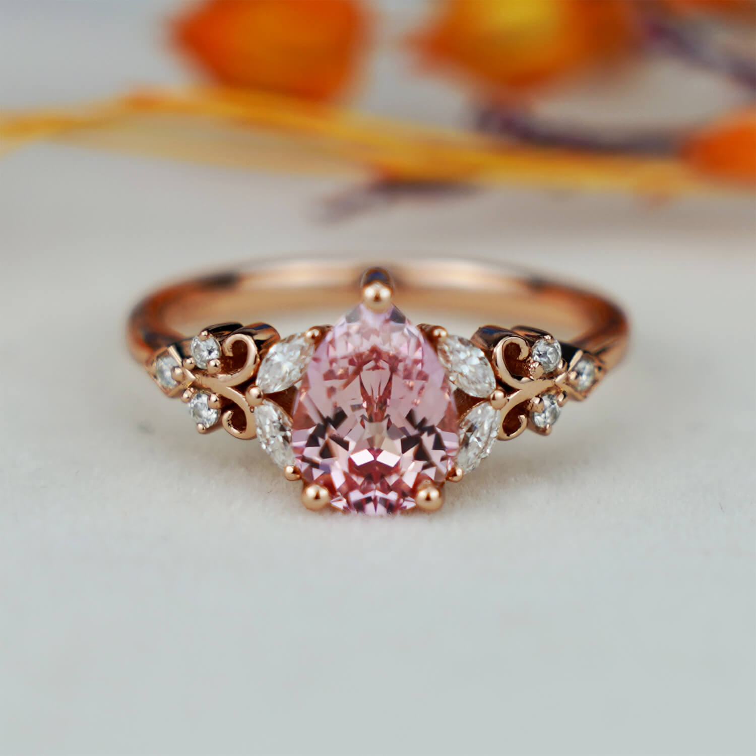 Vintage Peach Sapphire Engagement Ring Delicate Pear Pink Sapphire