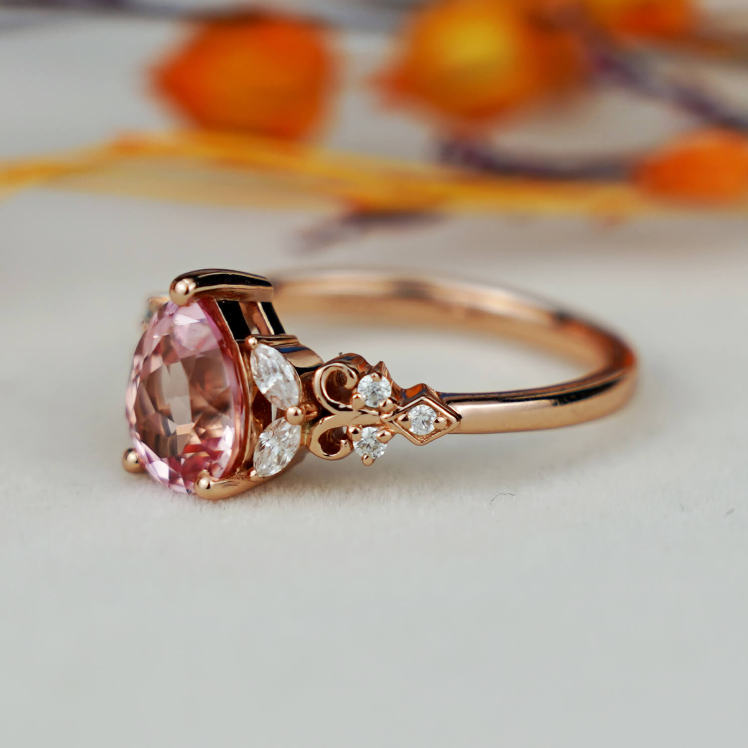 Vintage Peach Sapphire Engagement Ring Delicate Pear Pink Sapphire