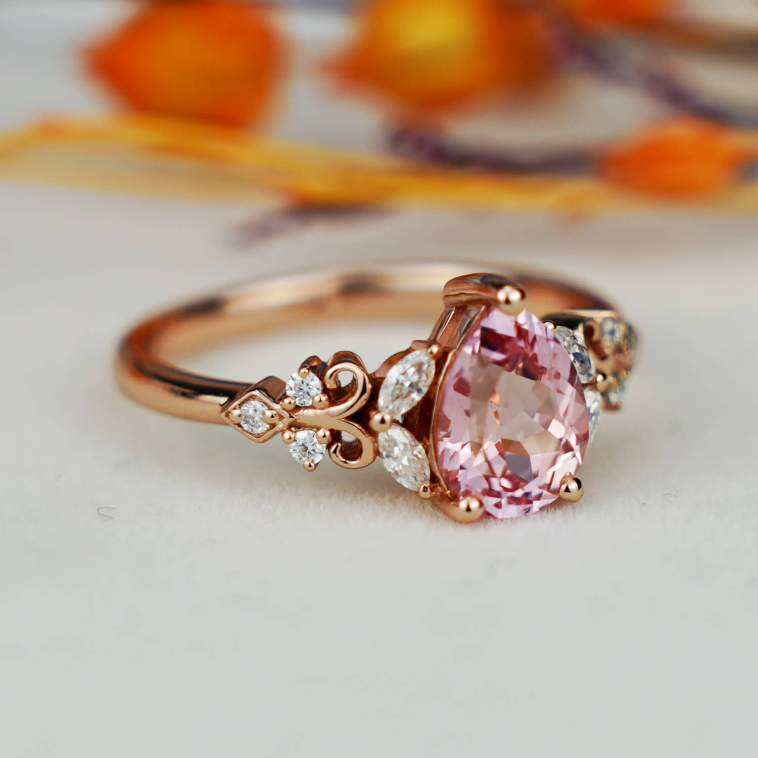 Vintage Peach Sapphire Engagement Ring Delicate Pear Pink Sapphire