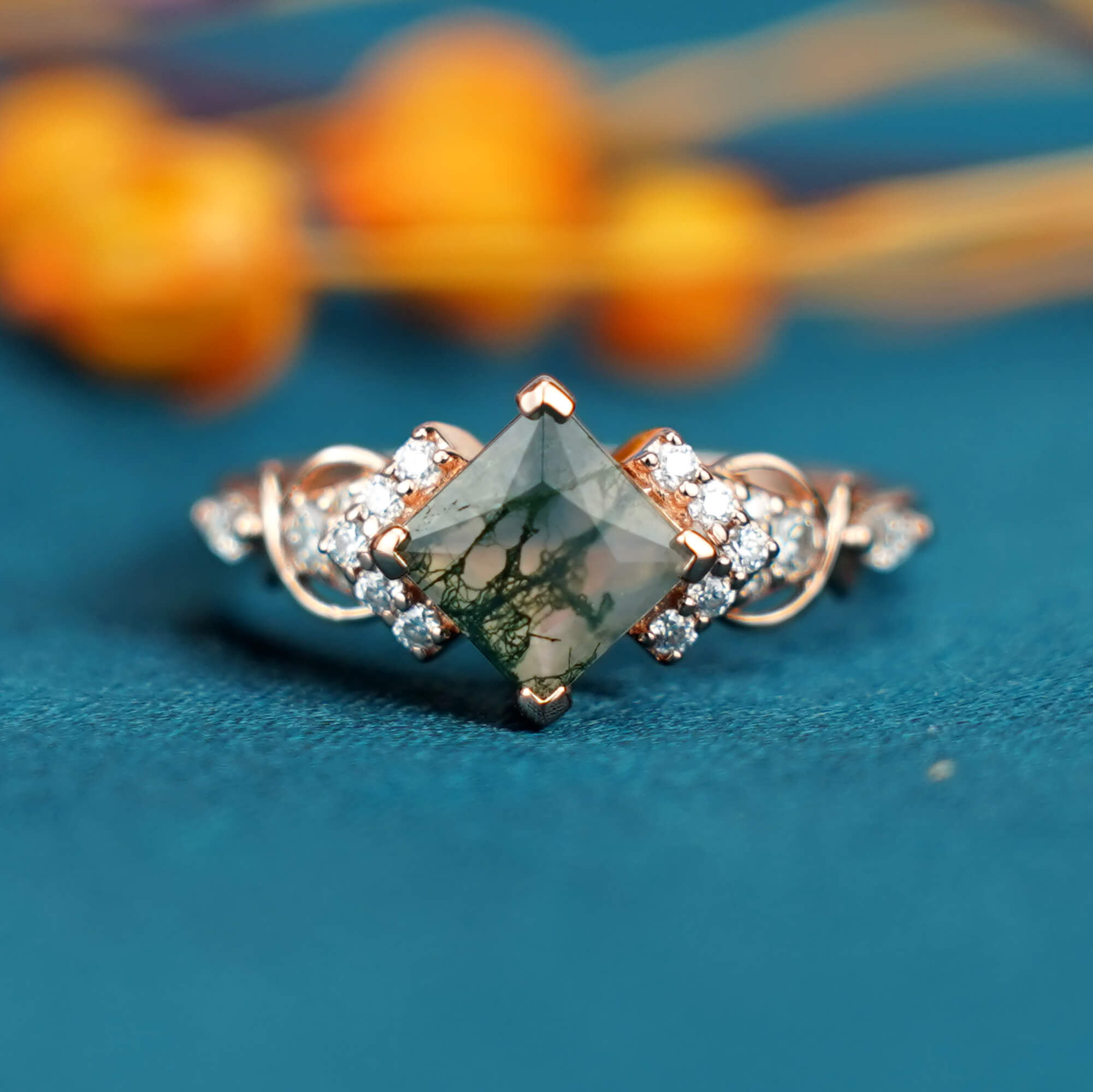 Princess Cut Moss Agate Engagement Ring Unique Rose Gold Wedding Ring Dainty Diamond Bridal ring Twist ring Promise Ring Anniversary Gift