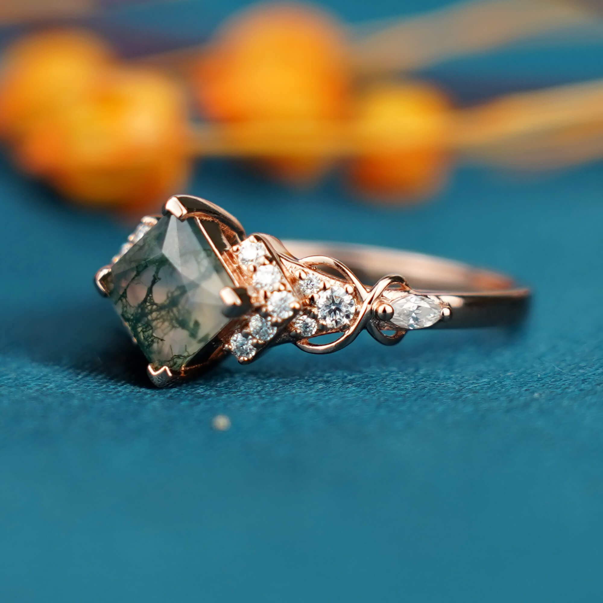 Verdant Monarch Ring-Princess Cut Moss Agate Ring