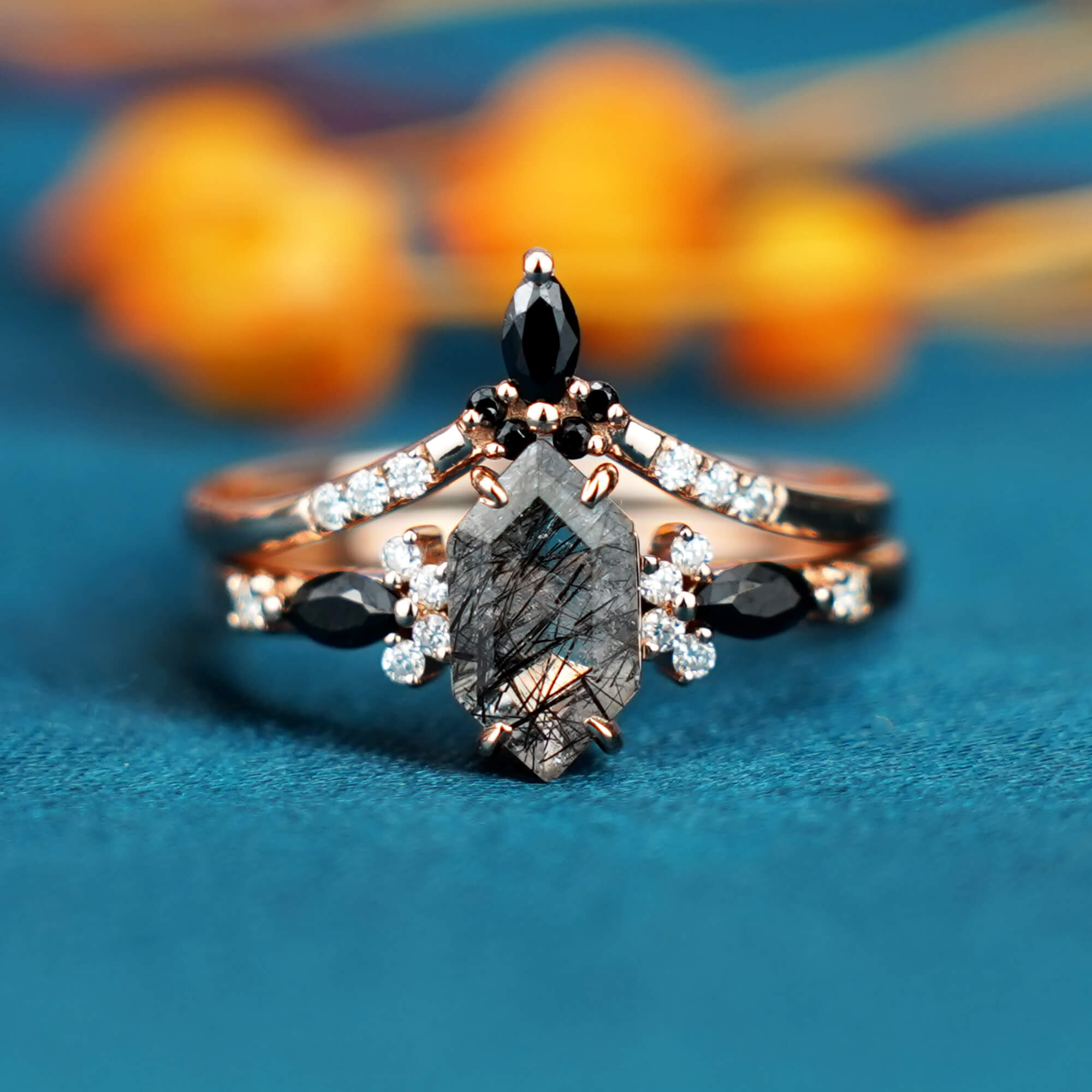 Long hexagon Black Rutilated Quartz Engagement Ring Set, Unique Hand-Customized High-end 14k Gold Ring, Black Onyx Modern Style Ring Gift