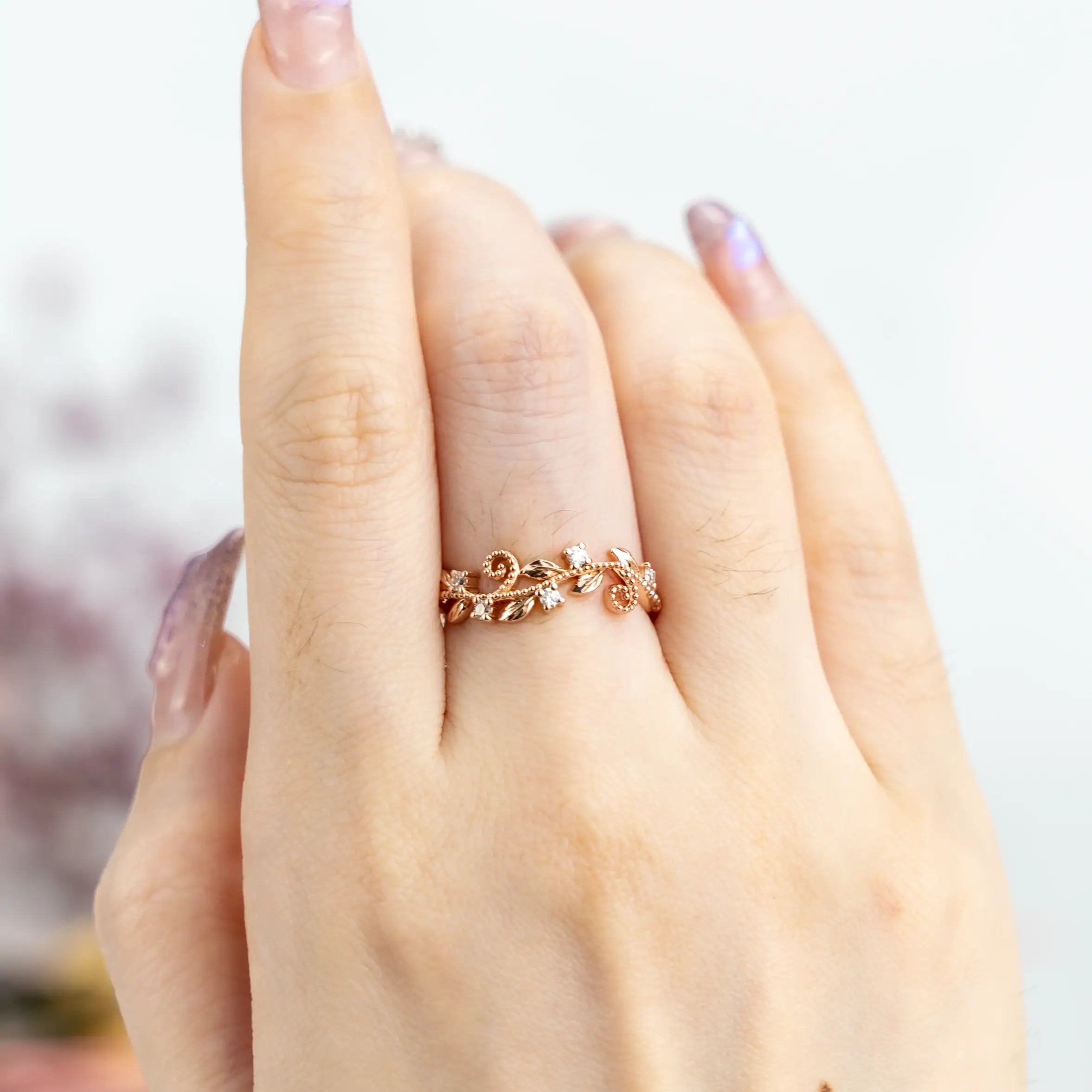 Nature-Inspired Leaf Ring Unique Diamond Wedding Band rose gold ring promise band for ladies