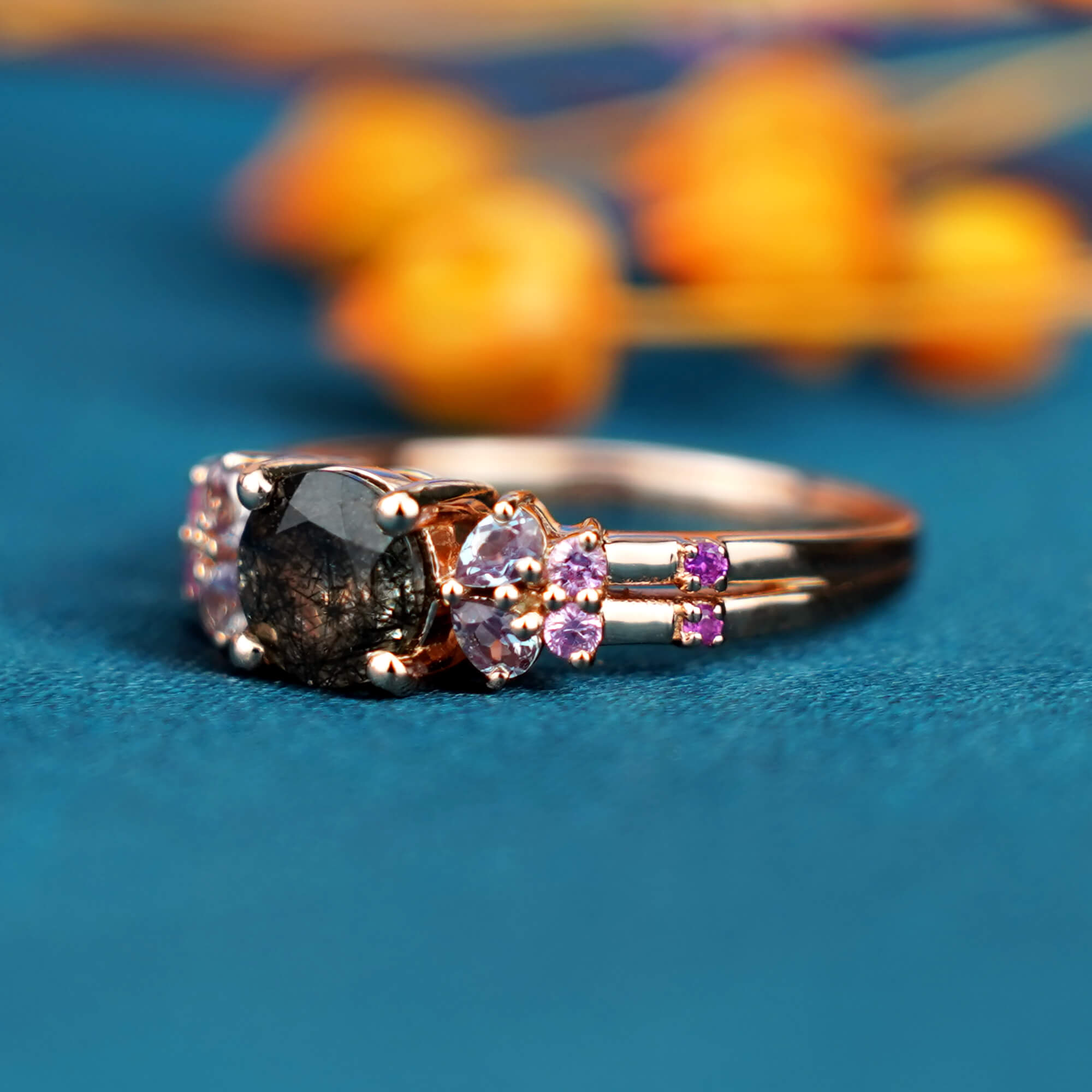 Elegant 14K Rose Gold & Black Quartz Engagement Ring