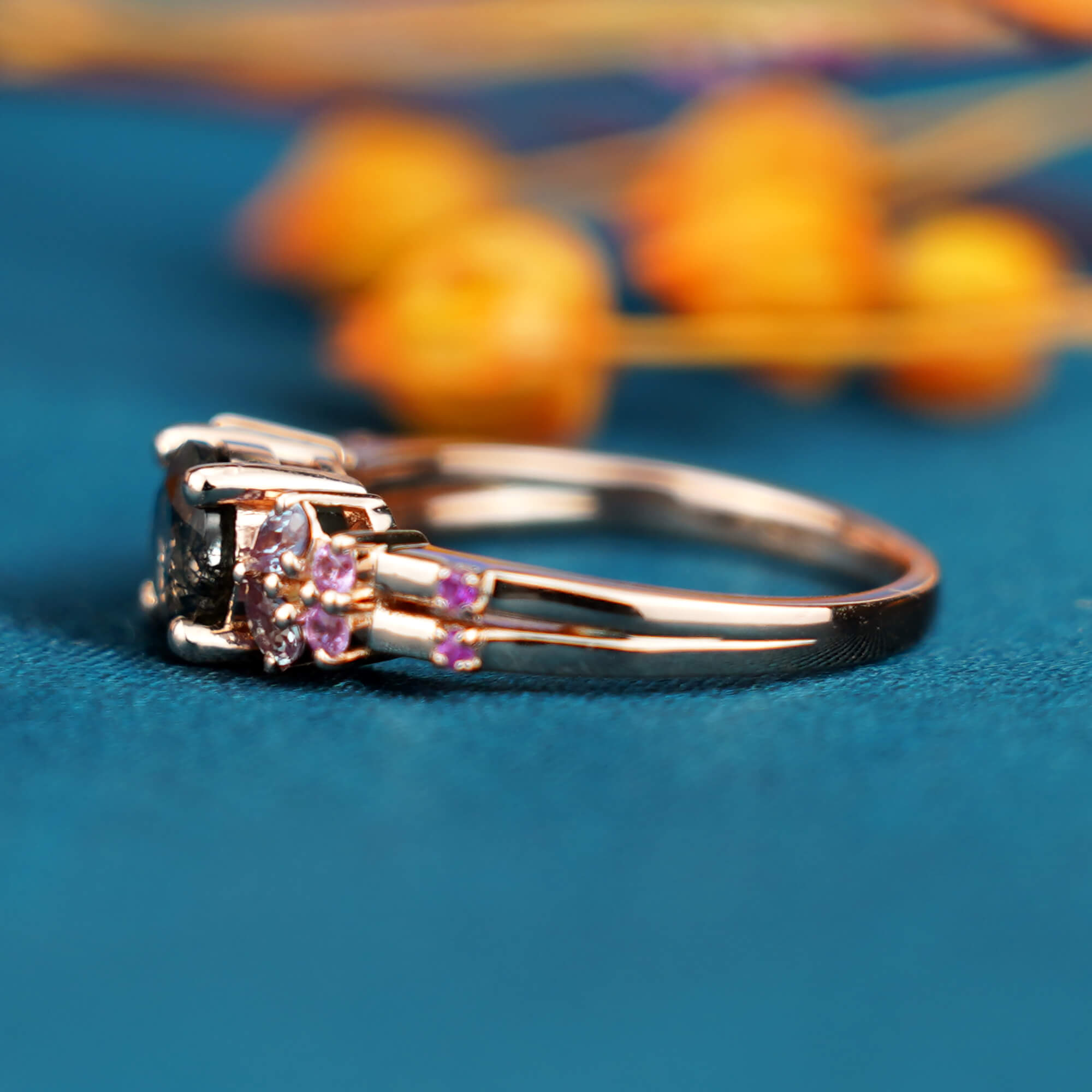 Elegant 14K Rose Gold & Black Quartz Engagement Ring