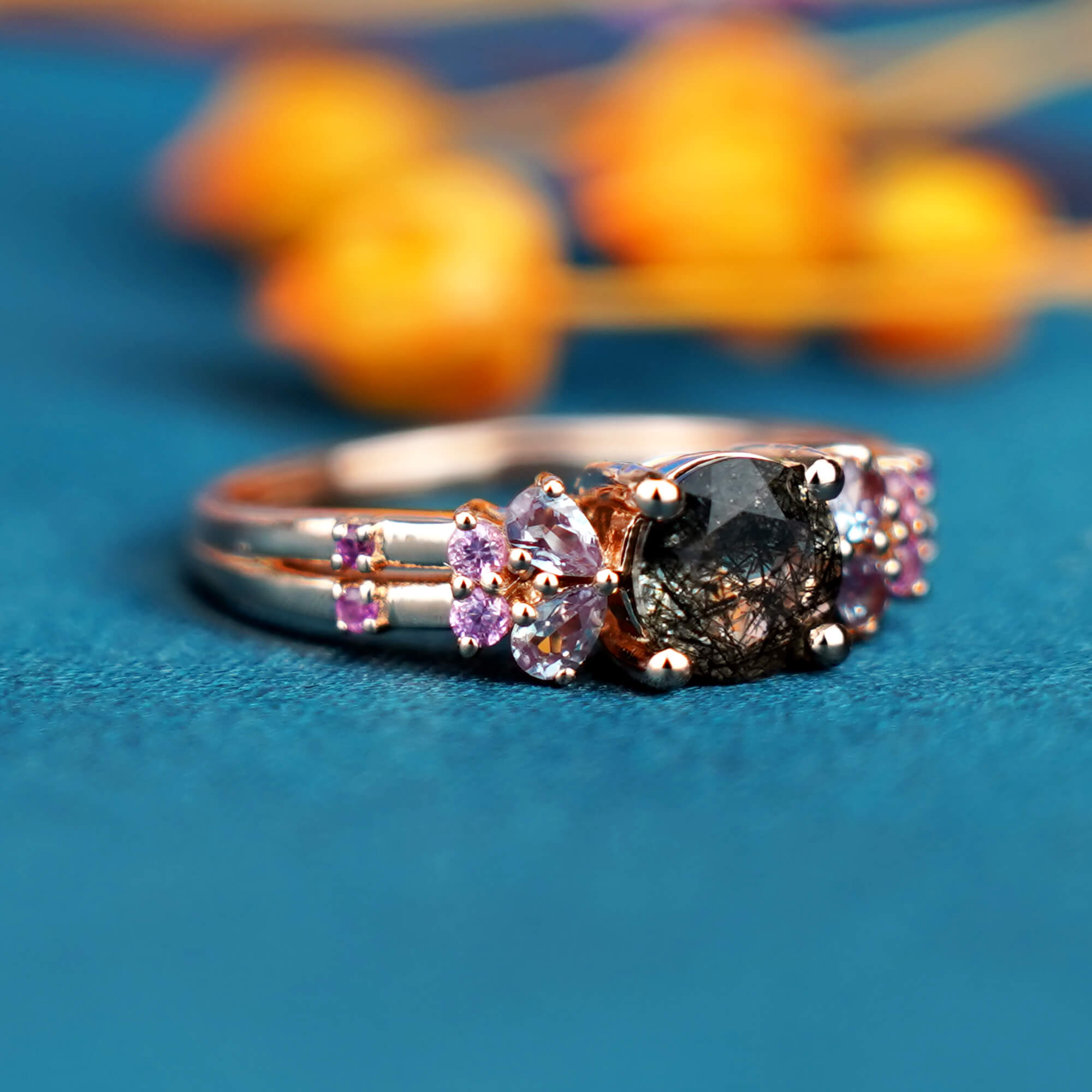 Elegant 14K Rose Gold & Black Quartz Engagement Ring