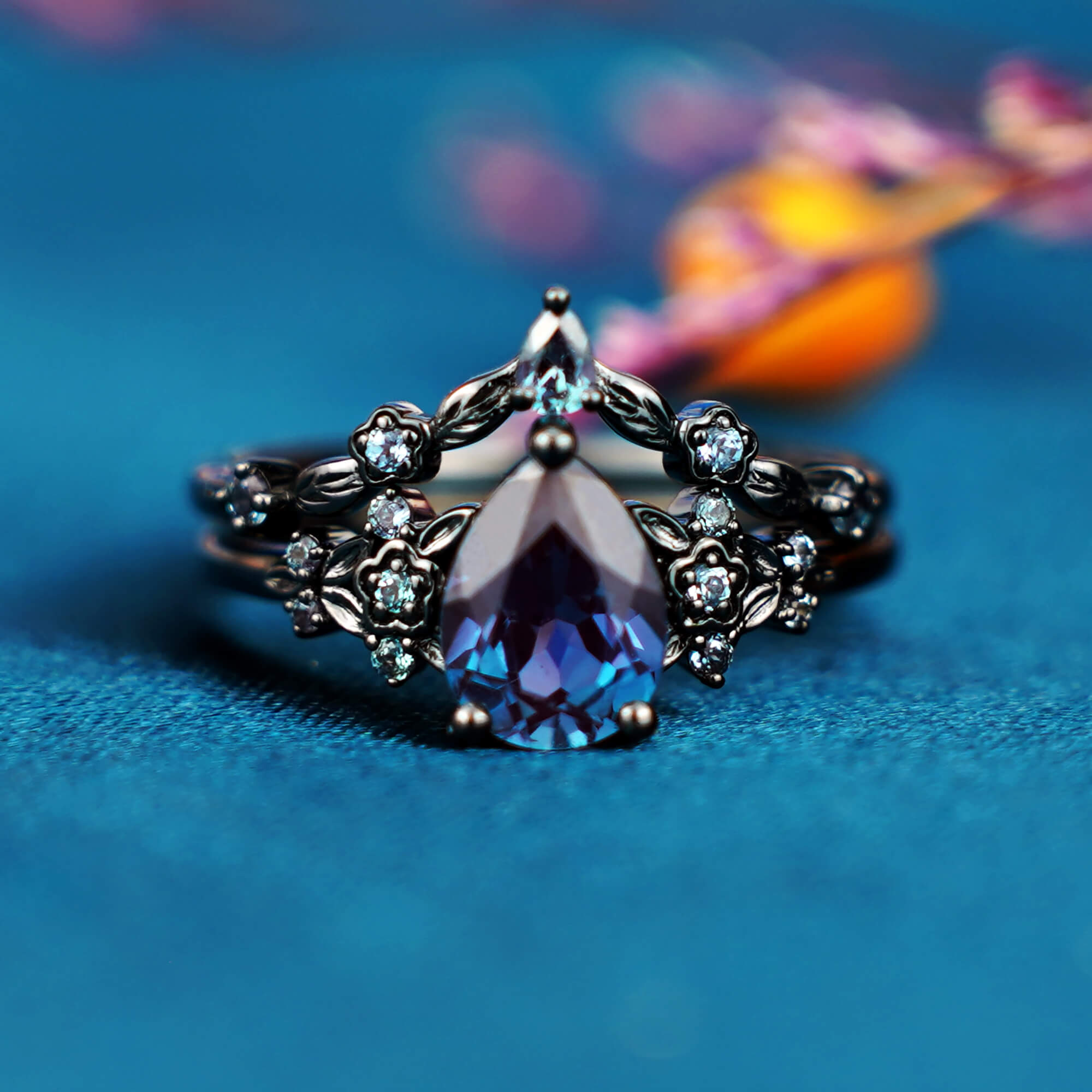 Gothic Black Gold Pear Shape Alexandrite Engagement Ring Set, Black Floral Promise Ring Set Unique Rhodium Blackfriday Ring Bridal Set Gift