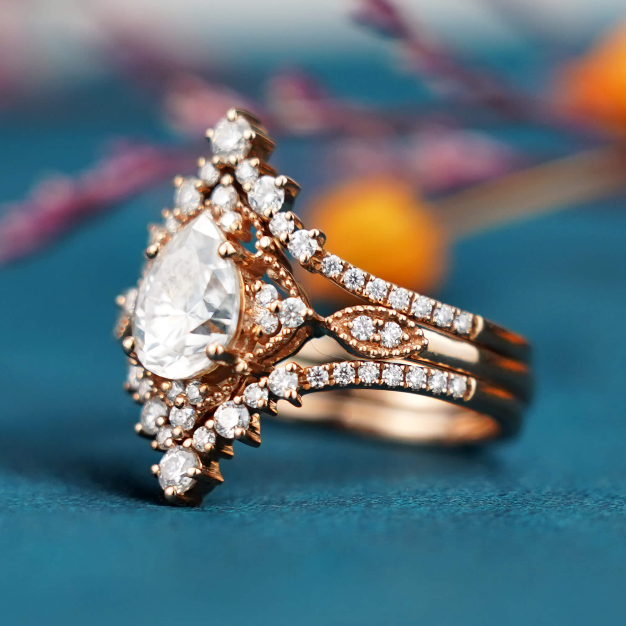 Vintage Cluster Moissanite Engagement Ring Wedding Trio Set