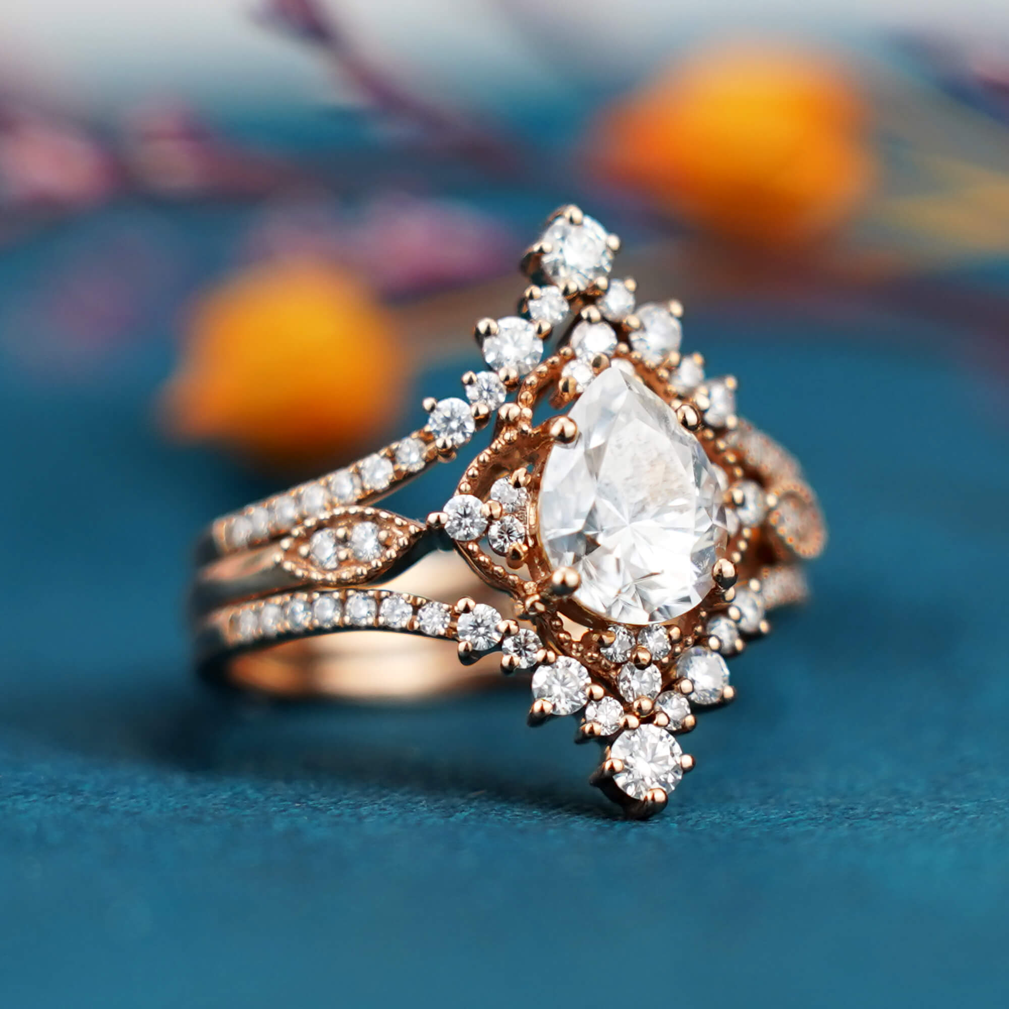 Vintage Cluster Moissanite Engagement Ring Wedding Trio Set