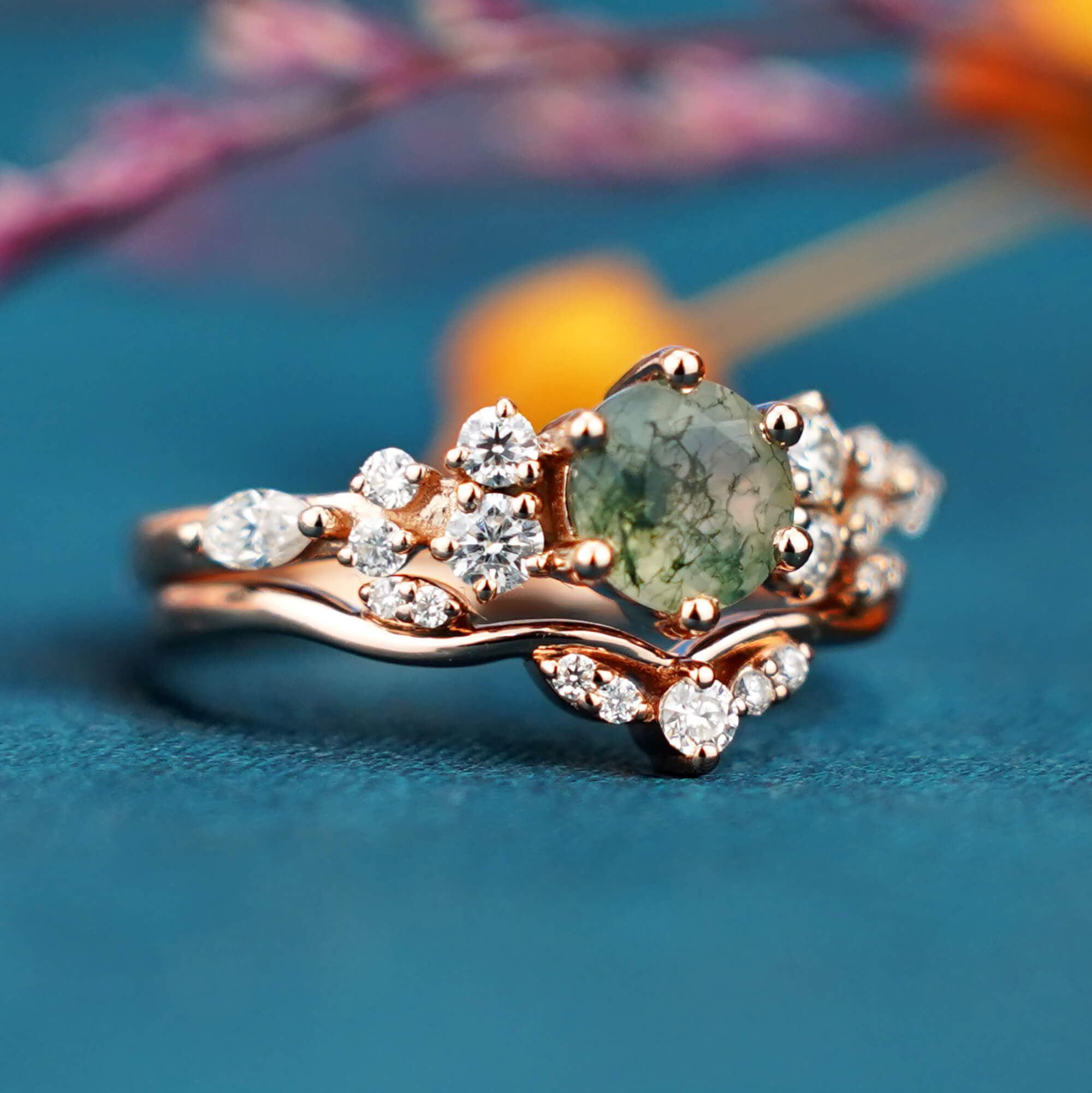 Vintage Round Moss Agate Engagement Ring Set Cluster Ring for women anniversary rings