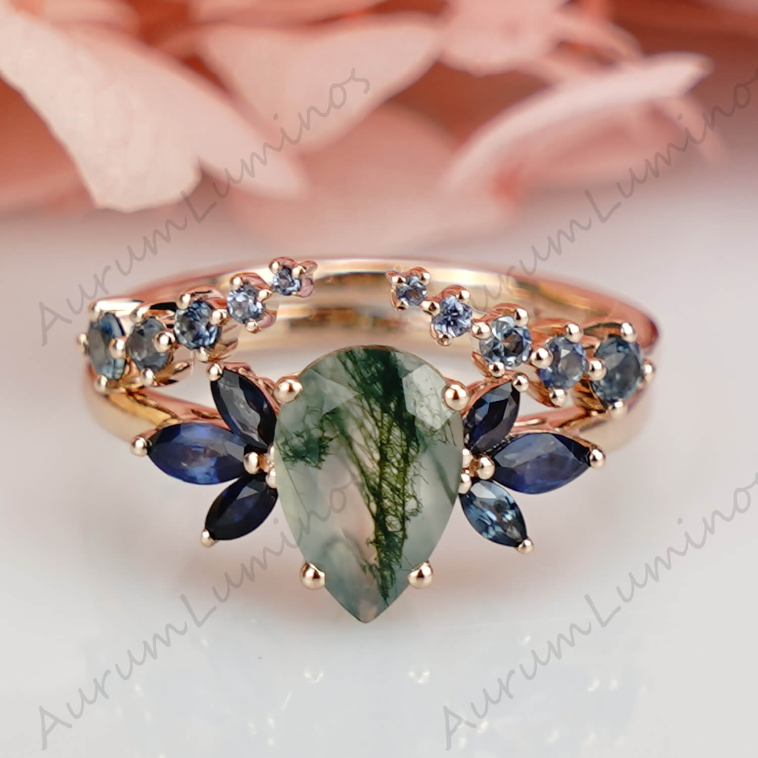 1.3CT Pear Cut Moss Agate Engagement Ring Set Women Floral Rings,Halo ring for women, flower ring, anniversary gift