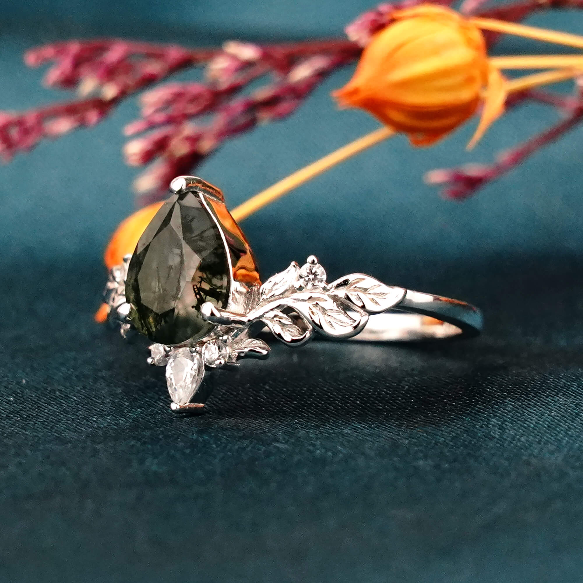 Ink Blossom Moss Agate Ring14K White Gold Leaves Ring