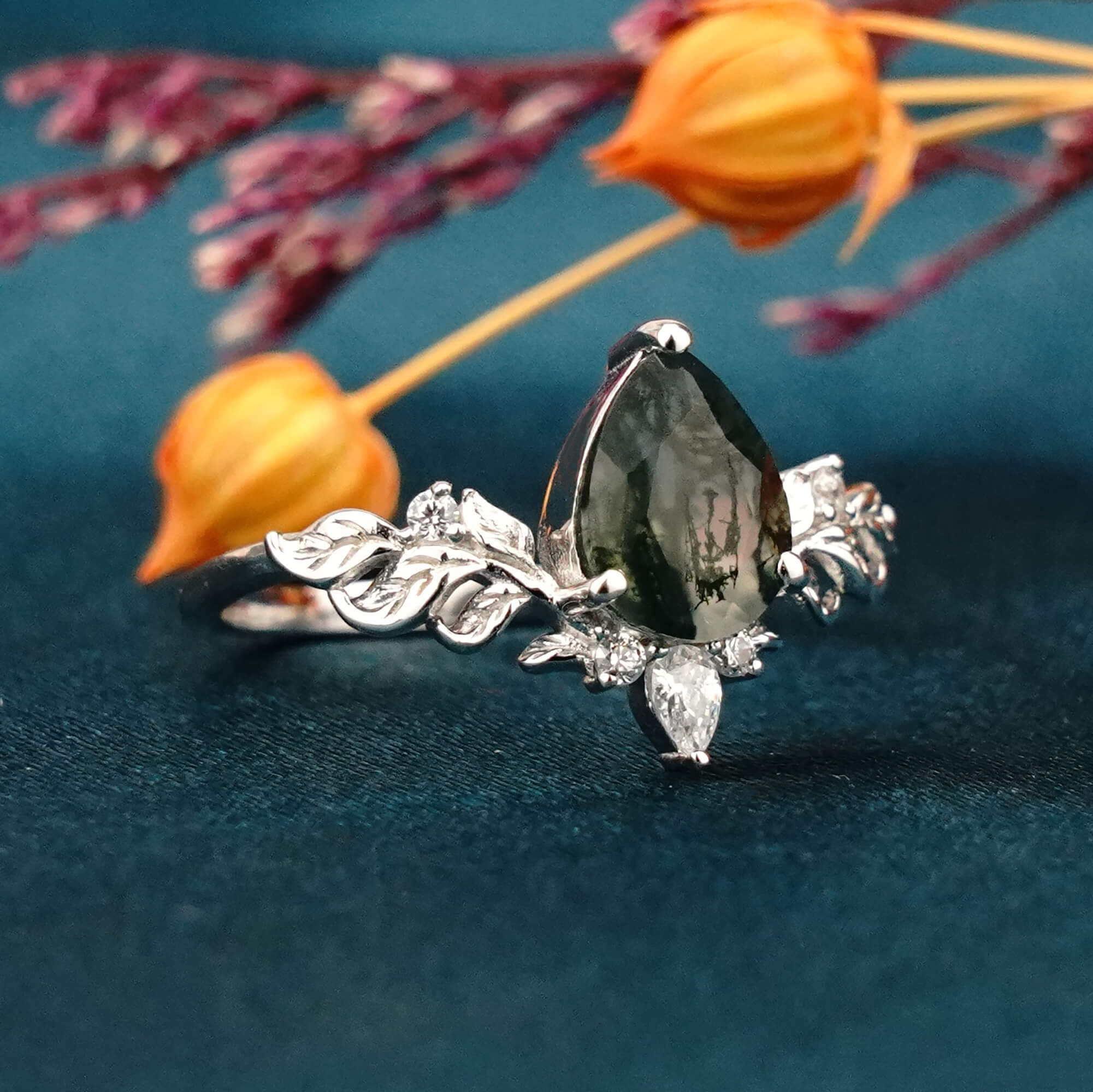 Ink Blossom Moss Agate Ring14K White Gold Leaves Ring,women's ring engagement,engagement bands gold
