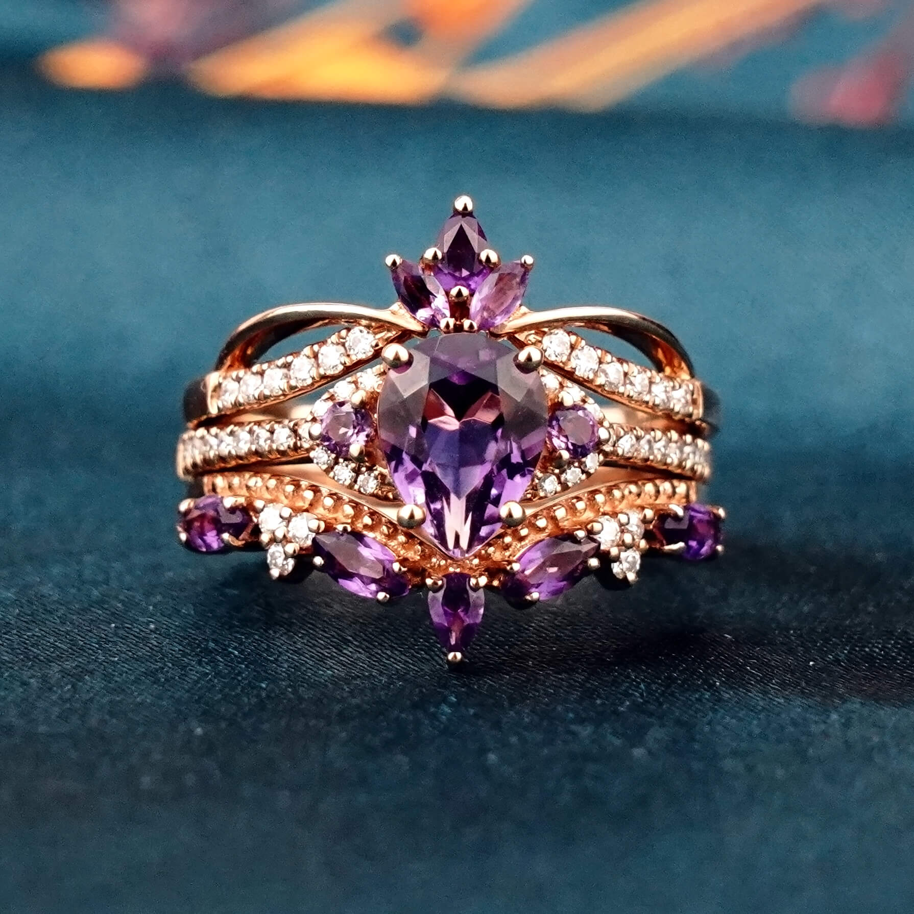 Royal Amethyst Trine Rings 14k Gold Custom Engagement Rings Set Unique Vintage Classic Handmade Ring Anniversary Ring Gift promise Rings