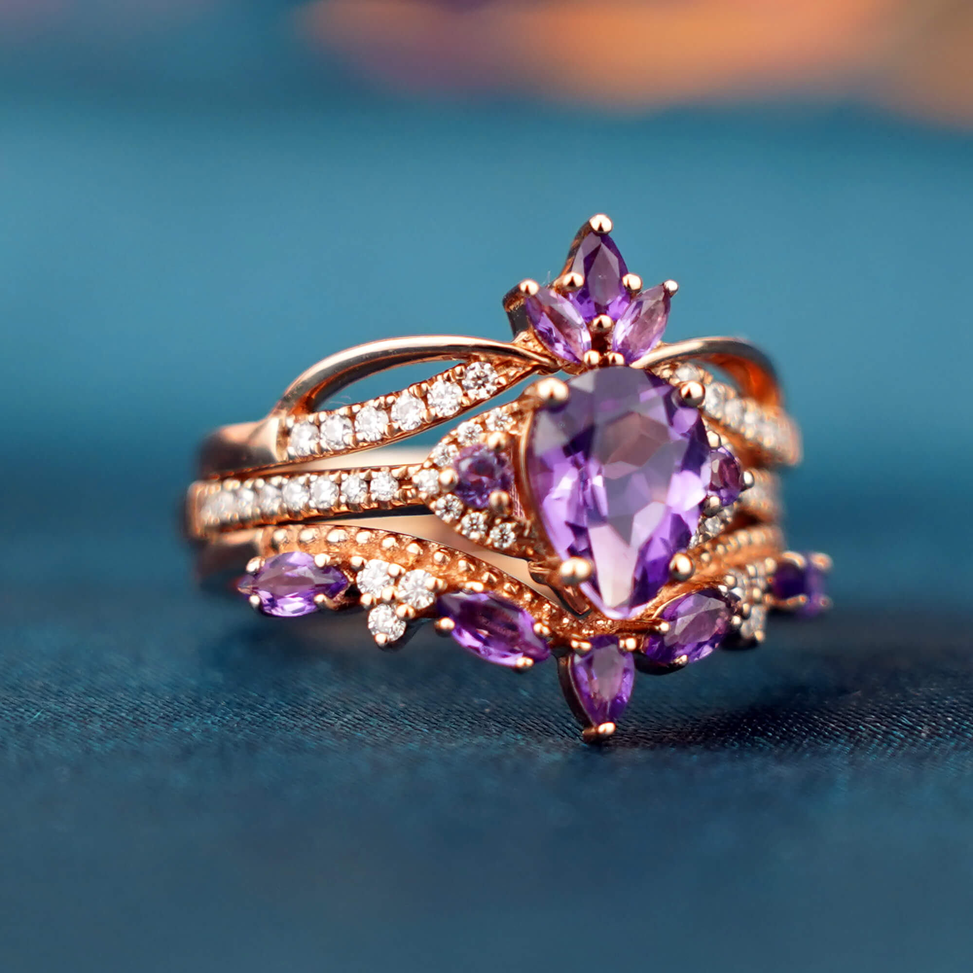 Royal Amethyst Trine Rings Engagement Trio Ring Sets for women,anniversary rings for girlfriend , rose gold ring set 