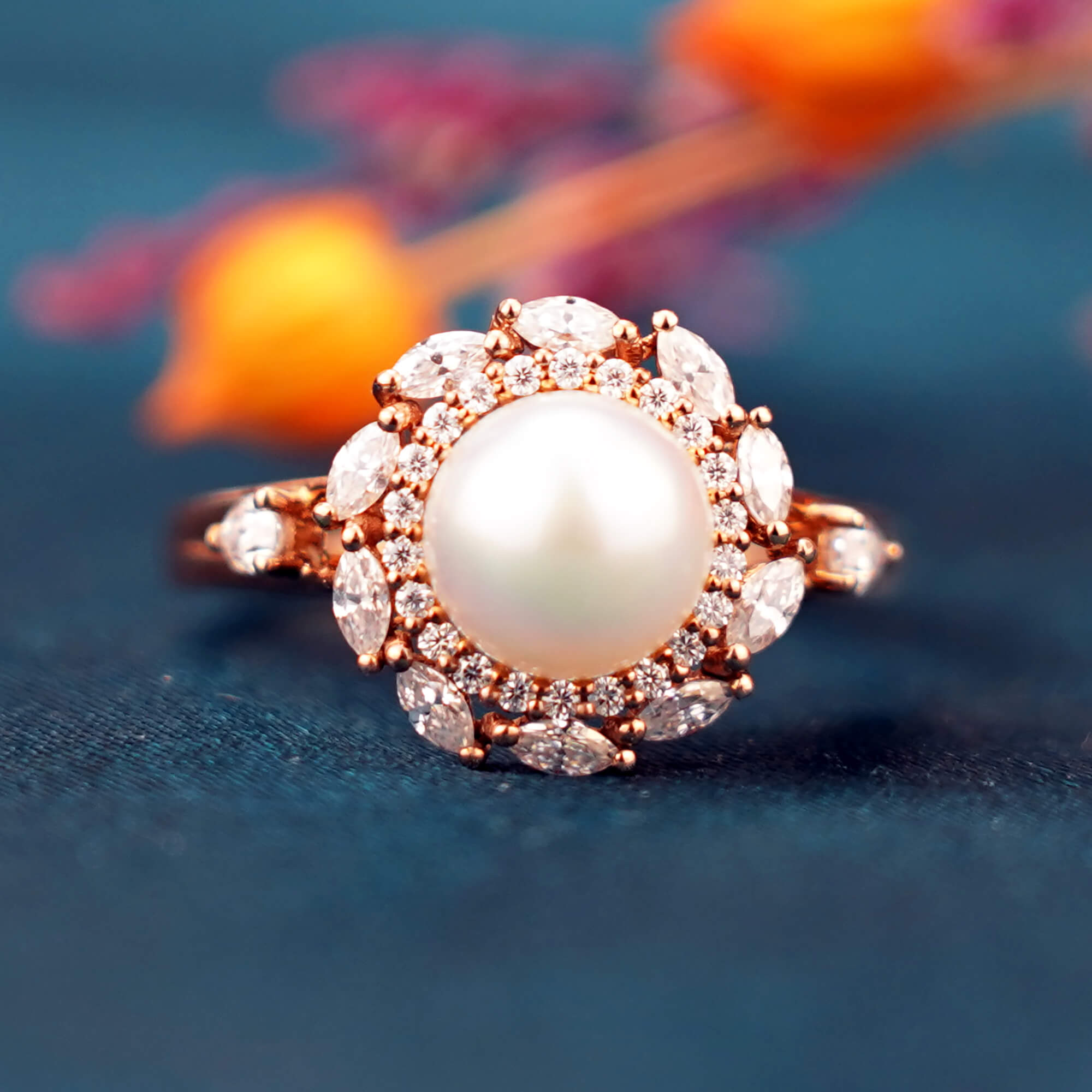 Pearl Blossom Ring - Ethereal Akoya Pearl & Moissanite Petals Ring