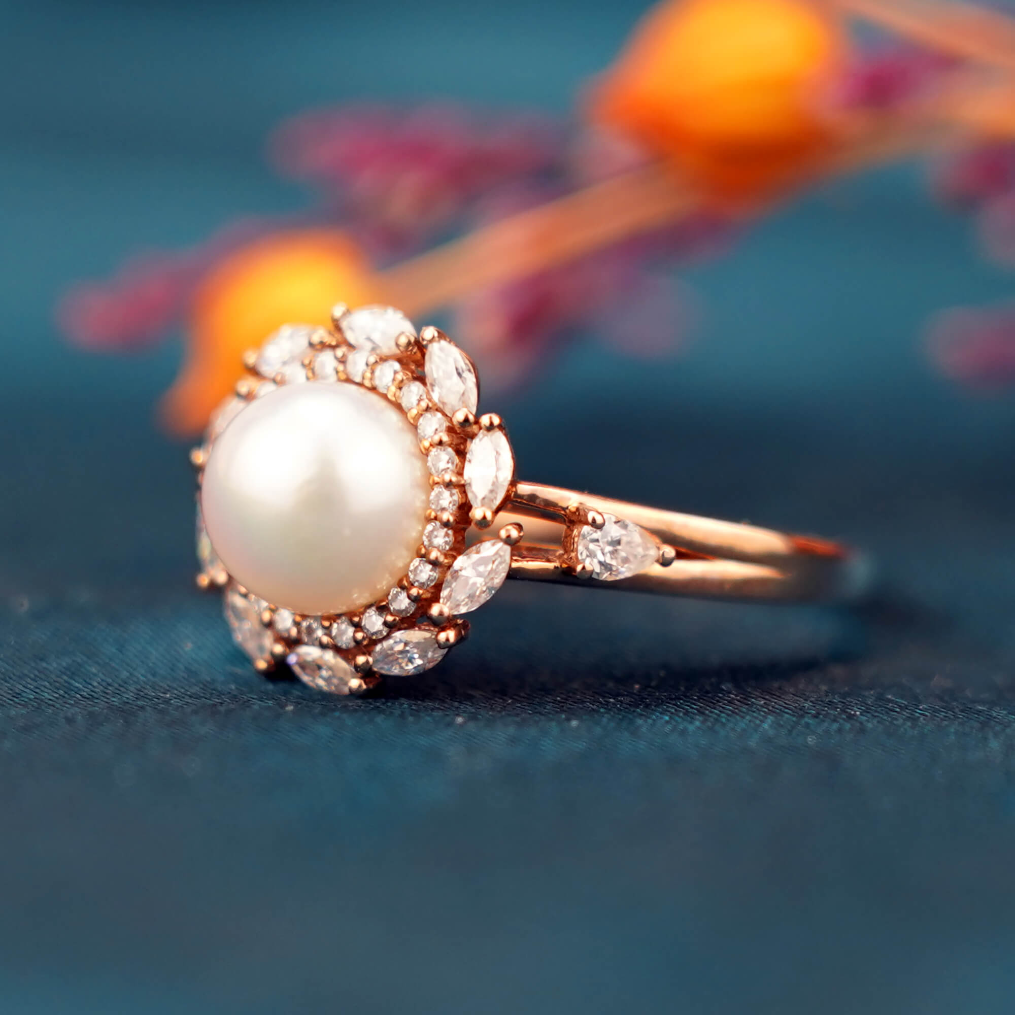 Pearl Blossom Ring - Ethereal Akoya Pearl & Moissanite Petals Ring