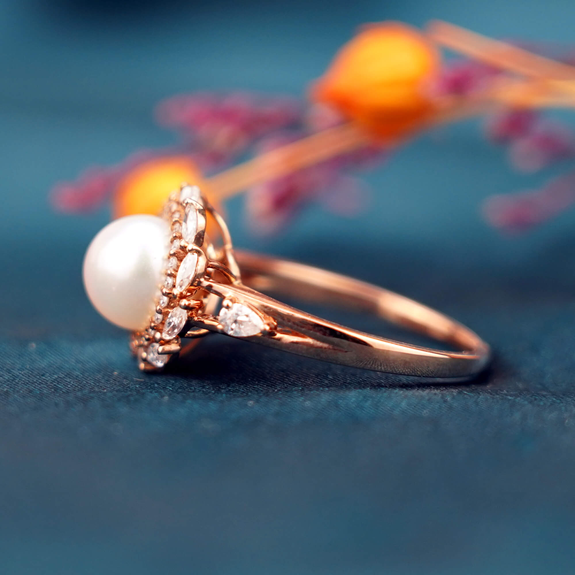 Pearl Blossom Ring - Ethereal Akoya Pearl & Moissanite Petals Ring