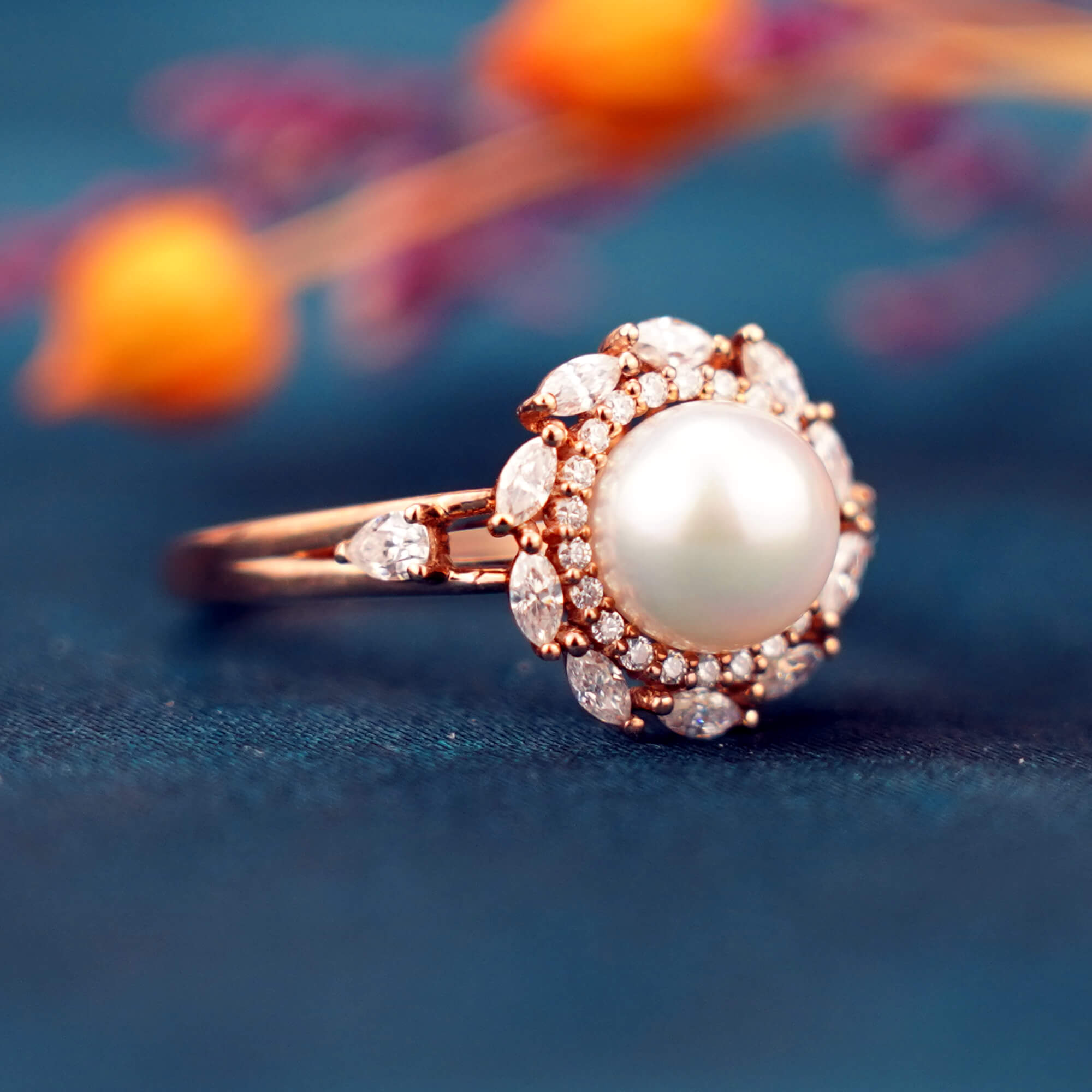 Pearl Blossom Ring - Ethereal Akoya Pearl & Moissanite Petals Ring