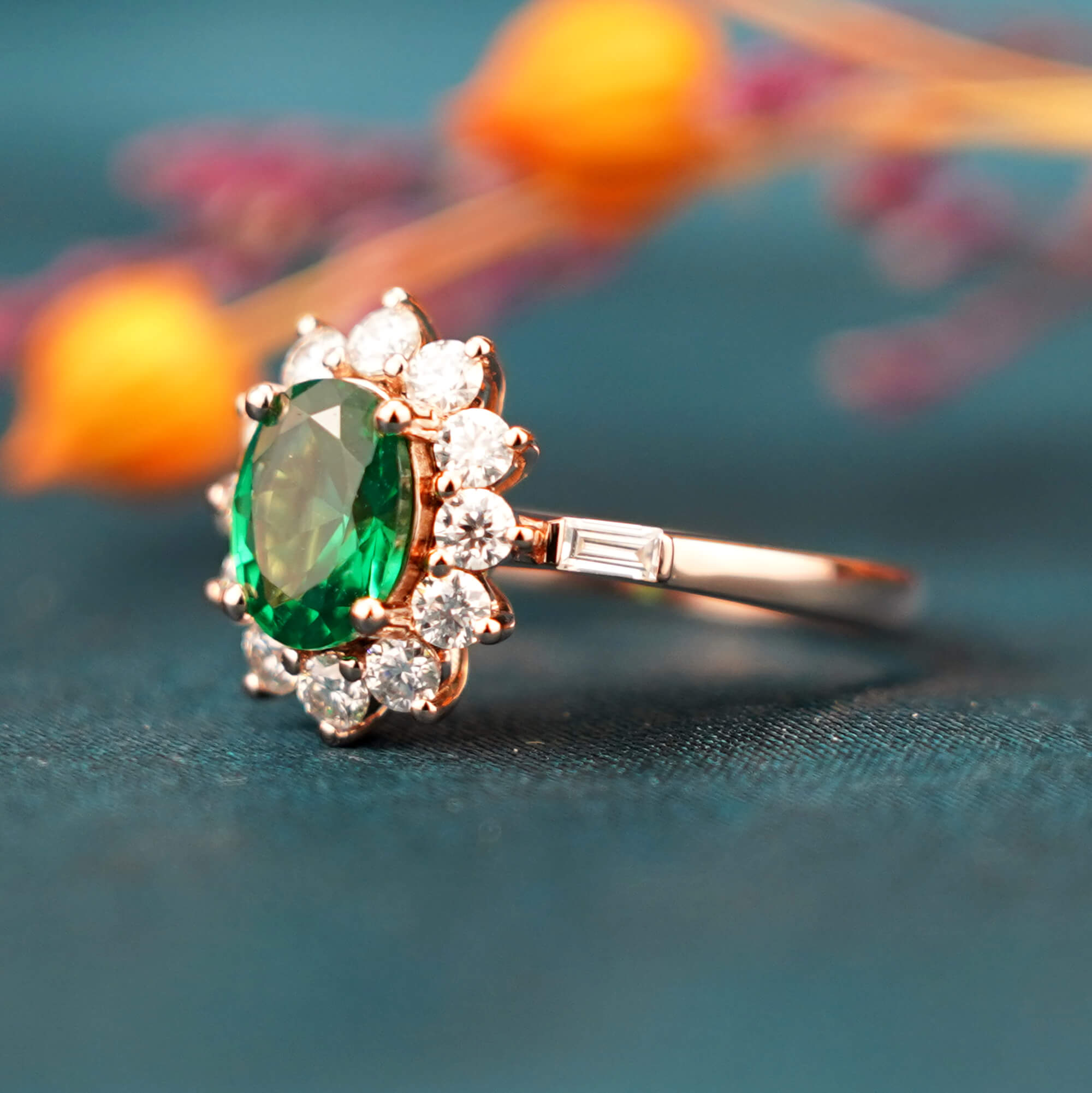 Emerald Sunburst Ring Green Gemstone Engagement Rings