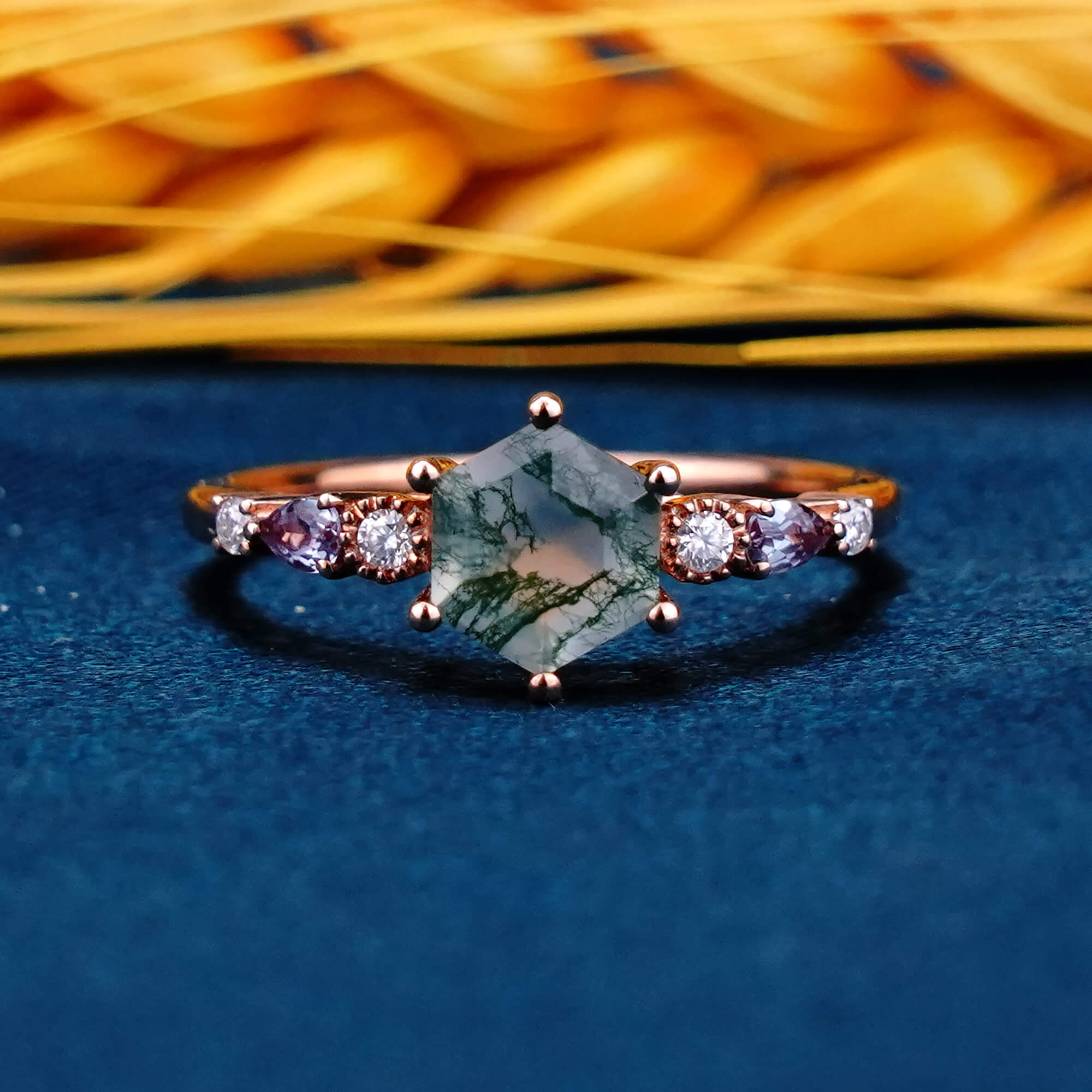 Hexagonal Cut Moss Agate Engagement Rings Natural Green Gem Custom Soild 14 Gold Ring Promise Anniversary Ring For Women Gift