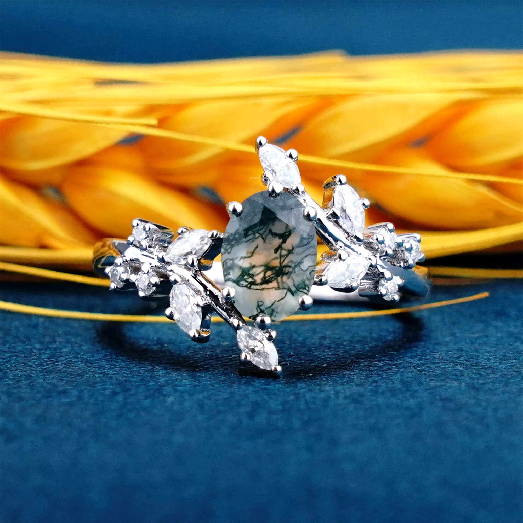 Sylvan Whisper Ring Moss Agate Engagement Rings 14K White Gold Rings Promise Ring Anniverary Gift for Her Unique Leaf Ring Custom Jewelry