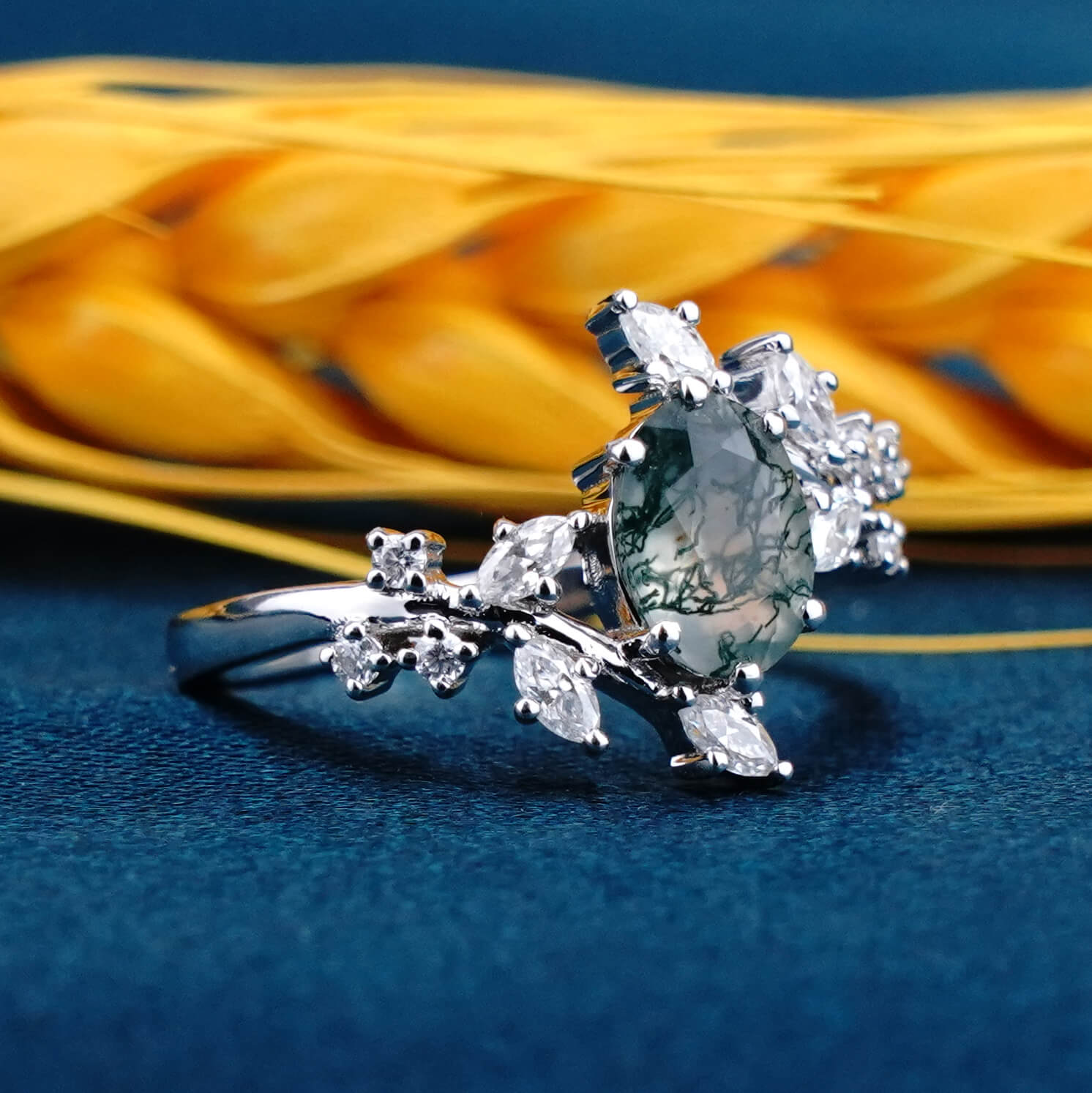 Sylvan Whisper Ring Moss Agate Engagement Rings 14K White Gold Rings，custom gold ring , wedding ring for women,anniversary rings for wife
