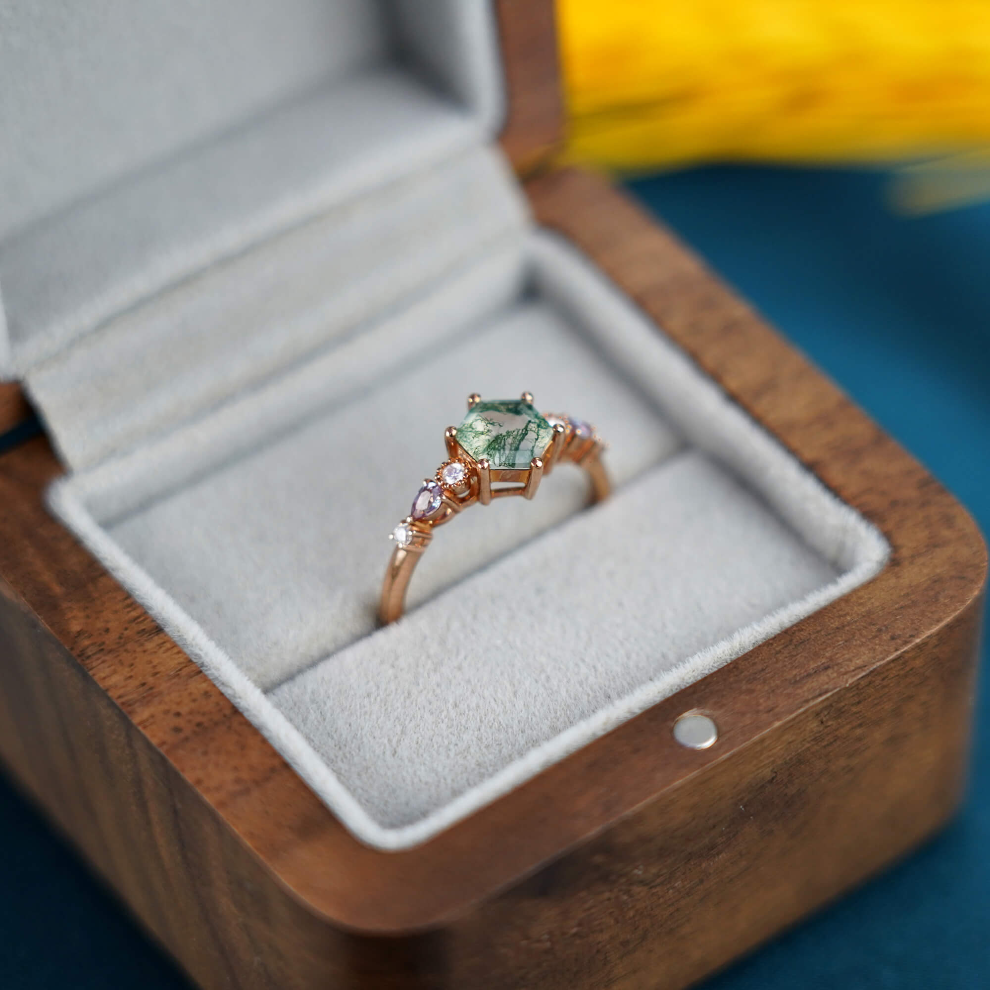 Hexagonal Cut Moss Agate Engagement Rings Natural Green Gem, promise ring for her , unique ring,diamond ring custom