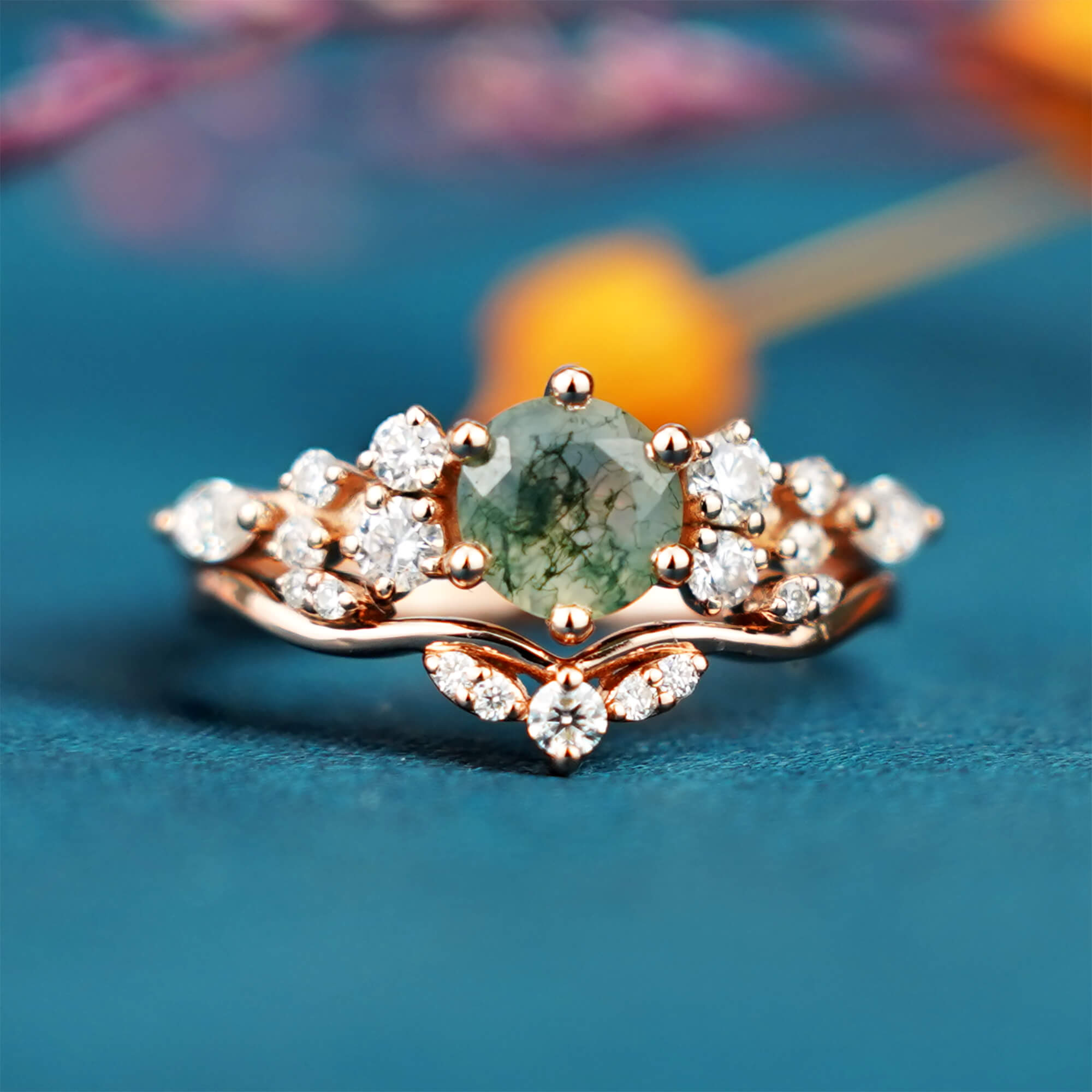 Vintage Round Moss Agate Engagement Ring Set Bridal Sets Women Rose Gold Unique Green Gemstone Promise Ring Cluster Ring Anniversary ring