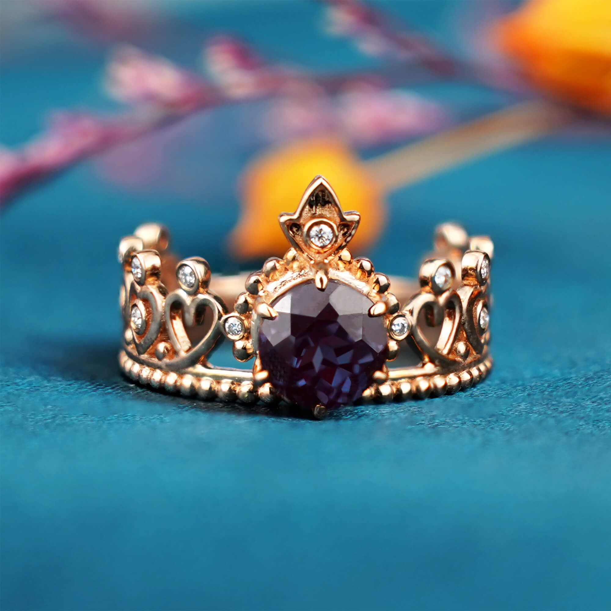 Vintage Queen Crown Engagement Ring with Round Cut Alexandrite Handcrafted Custom Promise Ring Unique Anniversary Gift Jewelry For Women