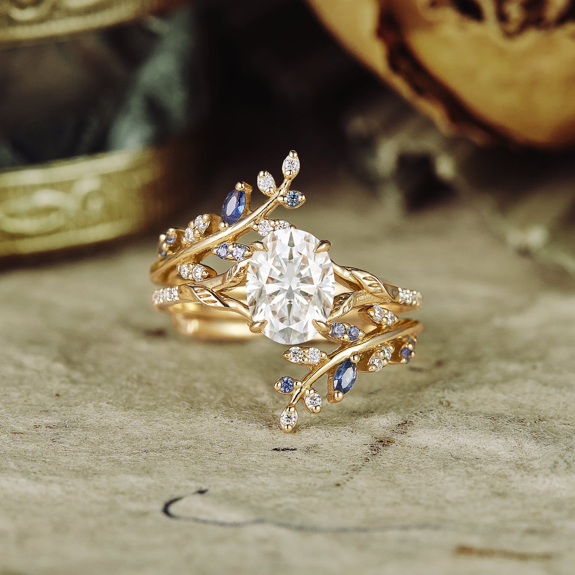 Oval Moissanite Half Eternity Leaf Engagement Ring Set for women wedding ring anniversary rings