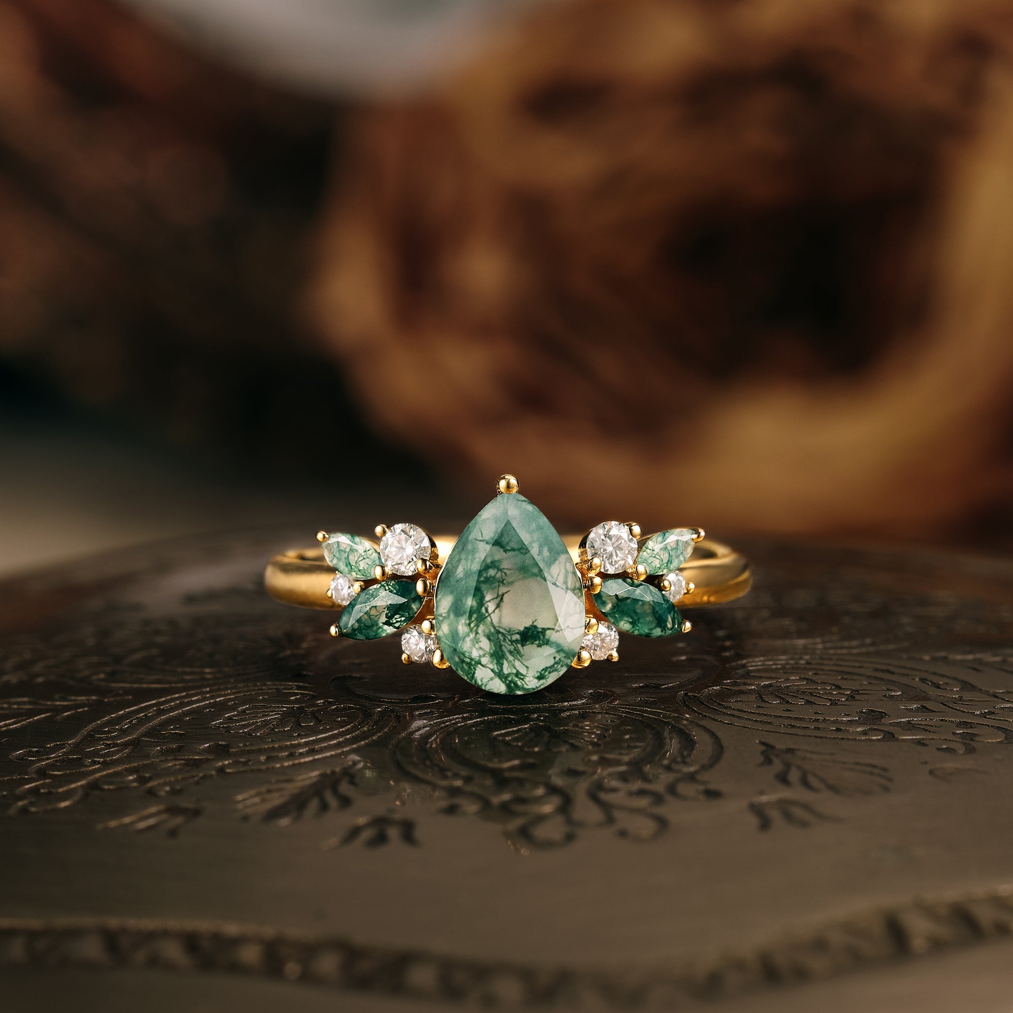 Nature Inspired  Moss Agate Ring 14K GOLD Engagement Ring