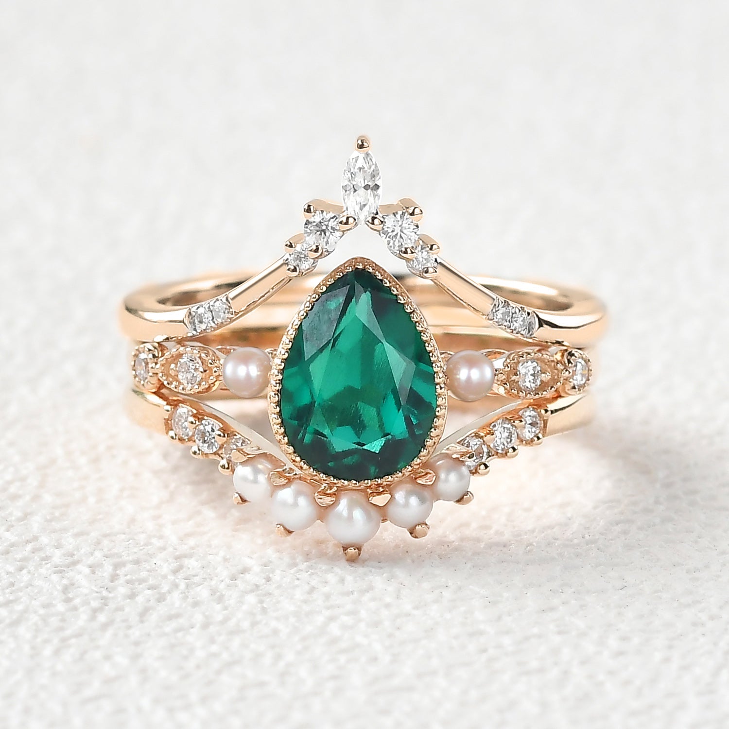 Pear Cut Emerald Multiple Ring Set 3pc Lab Emerald | AurumLuminos, rose gold rings set for women gift, promise ring, birthstone ring