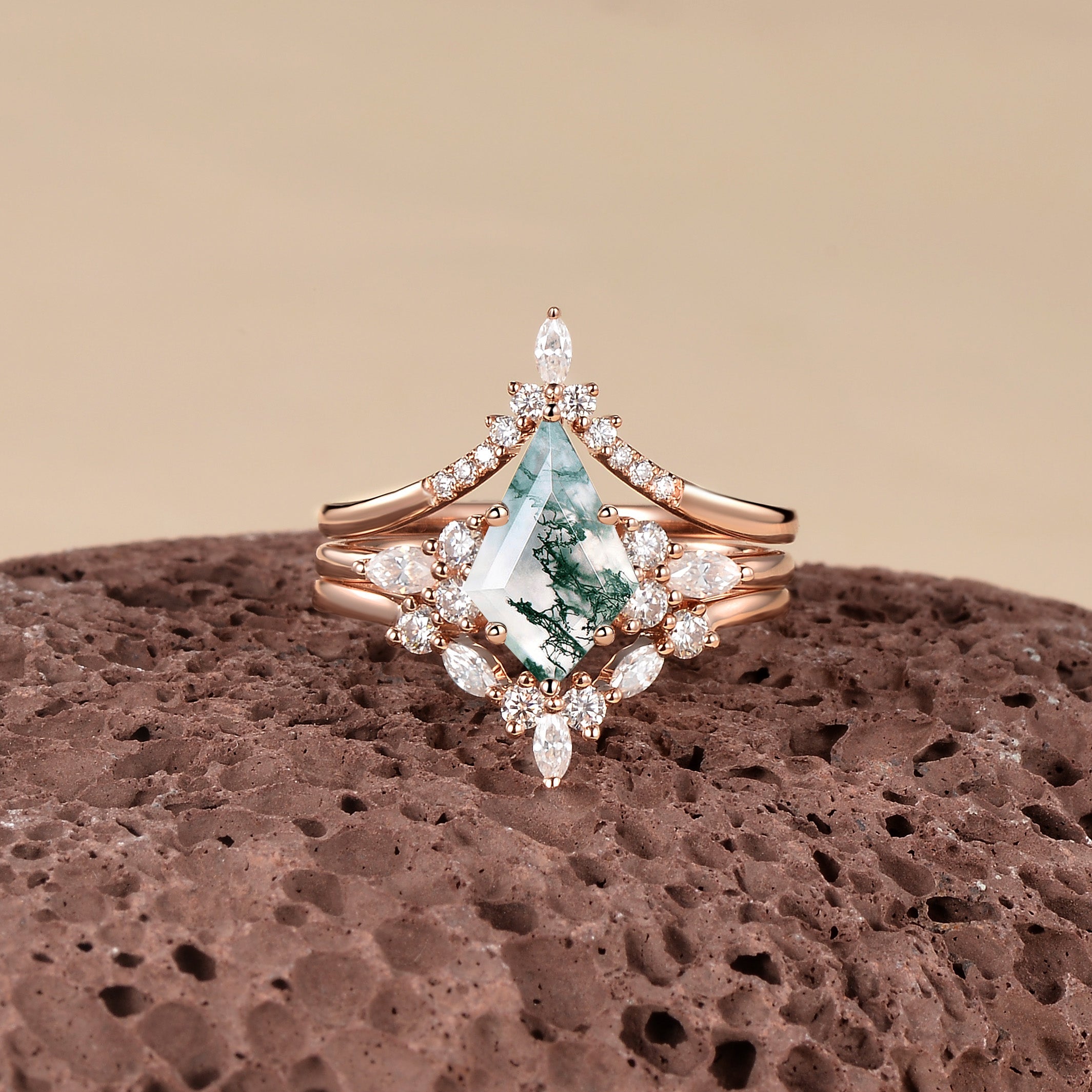 Unique Kite Cut Moss Agate Chevron Engagement Ring Set 3pcs