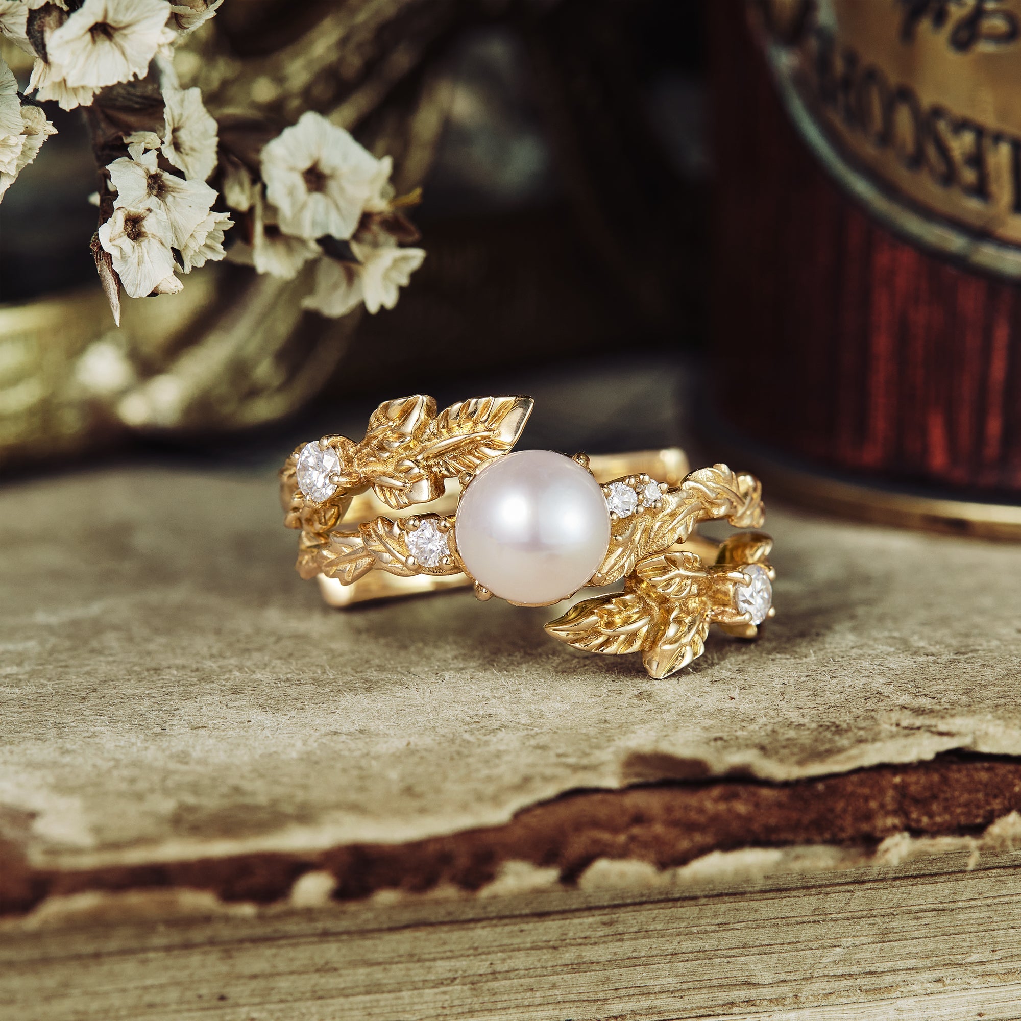 Enchanted Leaf-Inspired Circular Pearl Engagement Ring Set 2pcs