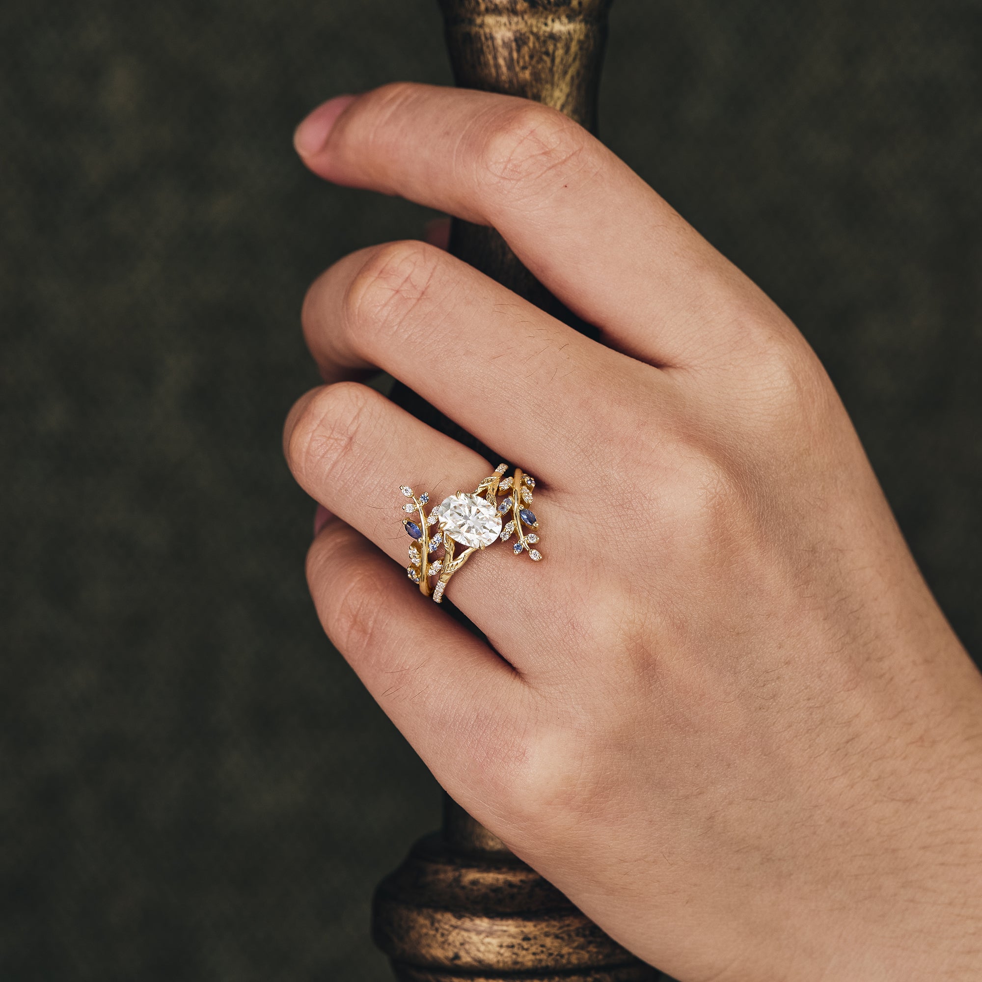 Oval Moissanite Half Eternity Leaf Engagement Ring Set for women wedding ring anniversary rings