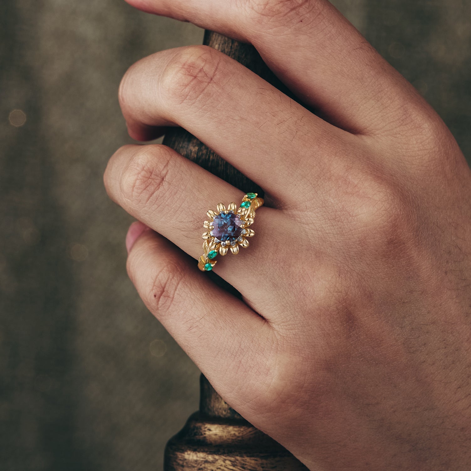 Round Cut Alexandrite Sunflower Inspired Engagement Ring art design for women gift