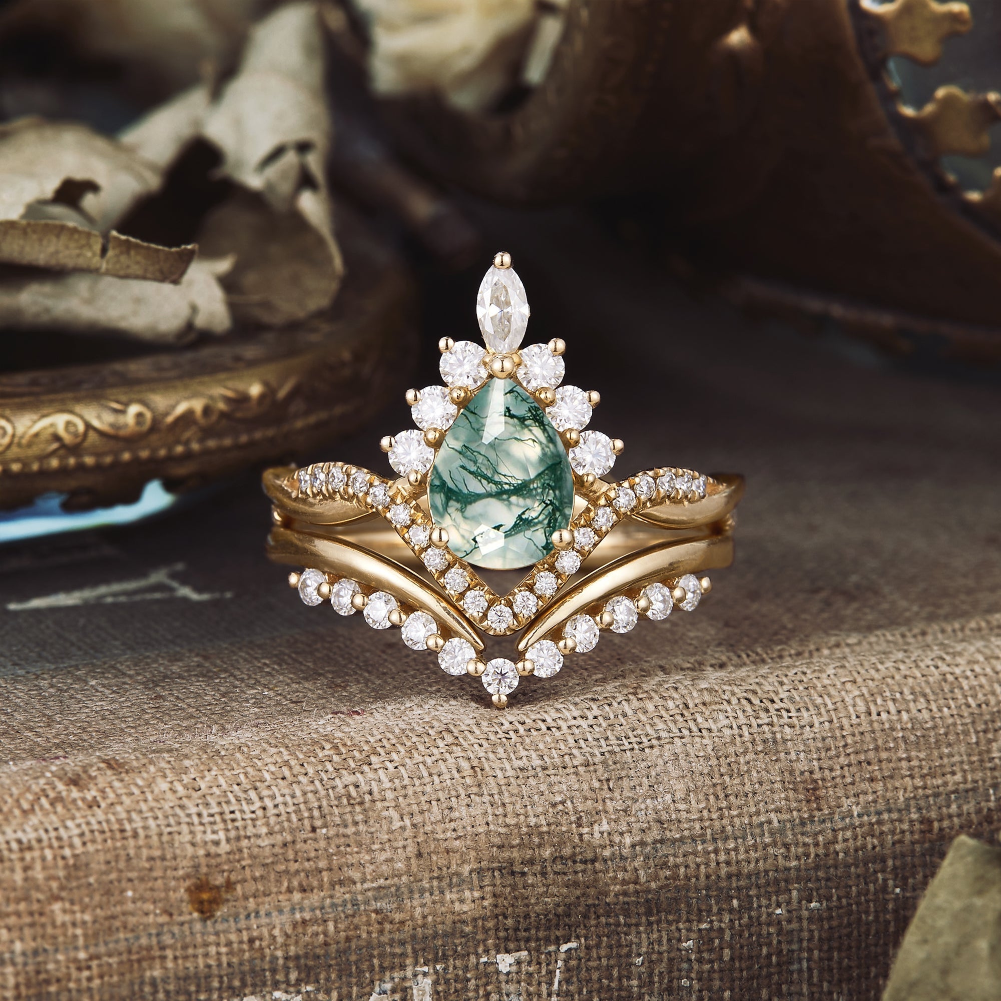 Crown Inspired Moss Agate Ring Set 2pcs handmade custom ring