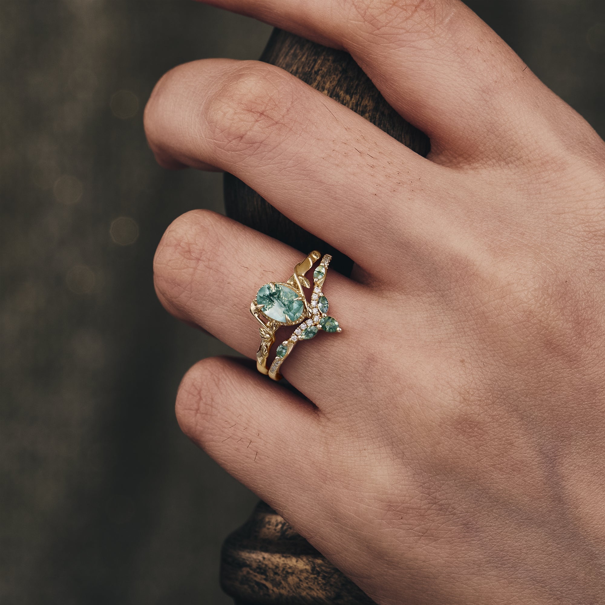 Oval Moss Agate Cluster Leaf Engagement Ring Set 2pcs custom gold rings for women gift