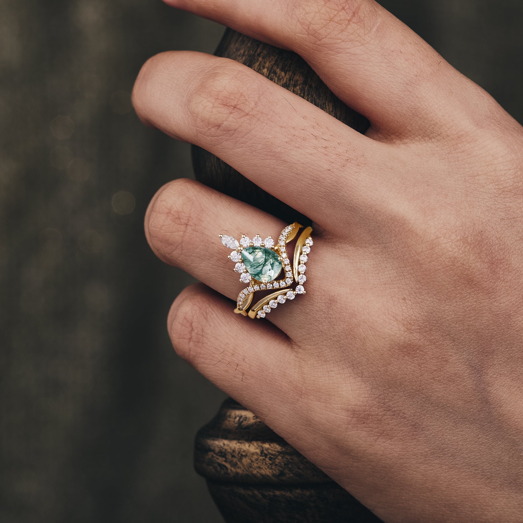 Crown Inspired Moss Agate Ring Set 2pcs handmade custom ring for women