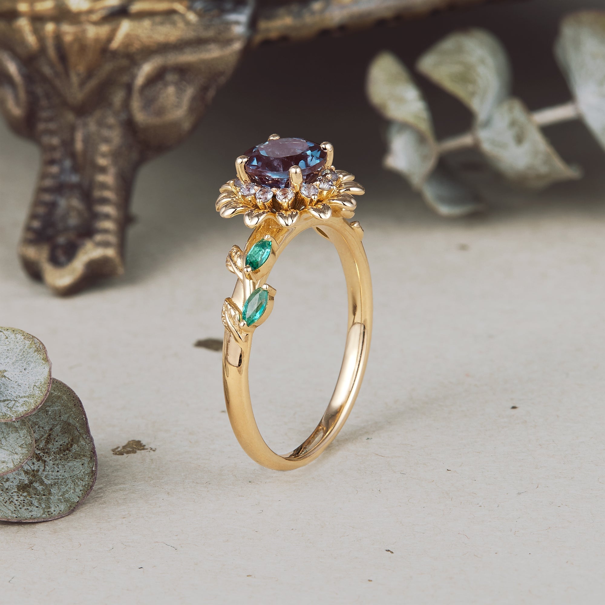 Round Cut Alexandrite Sunflower Inspired Engagement Ring